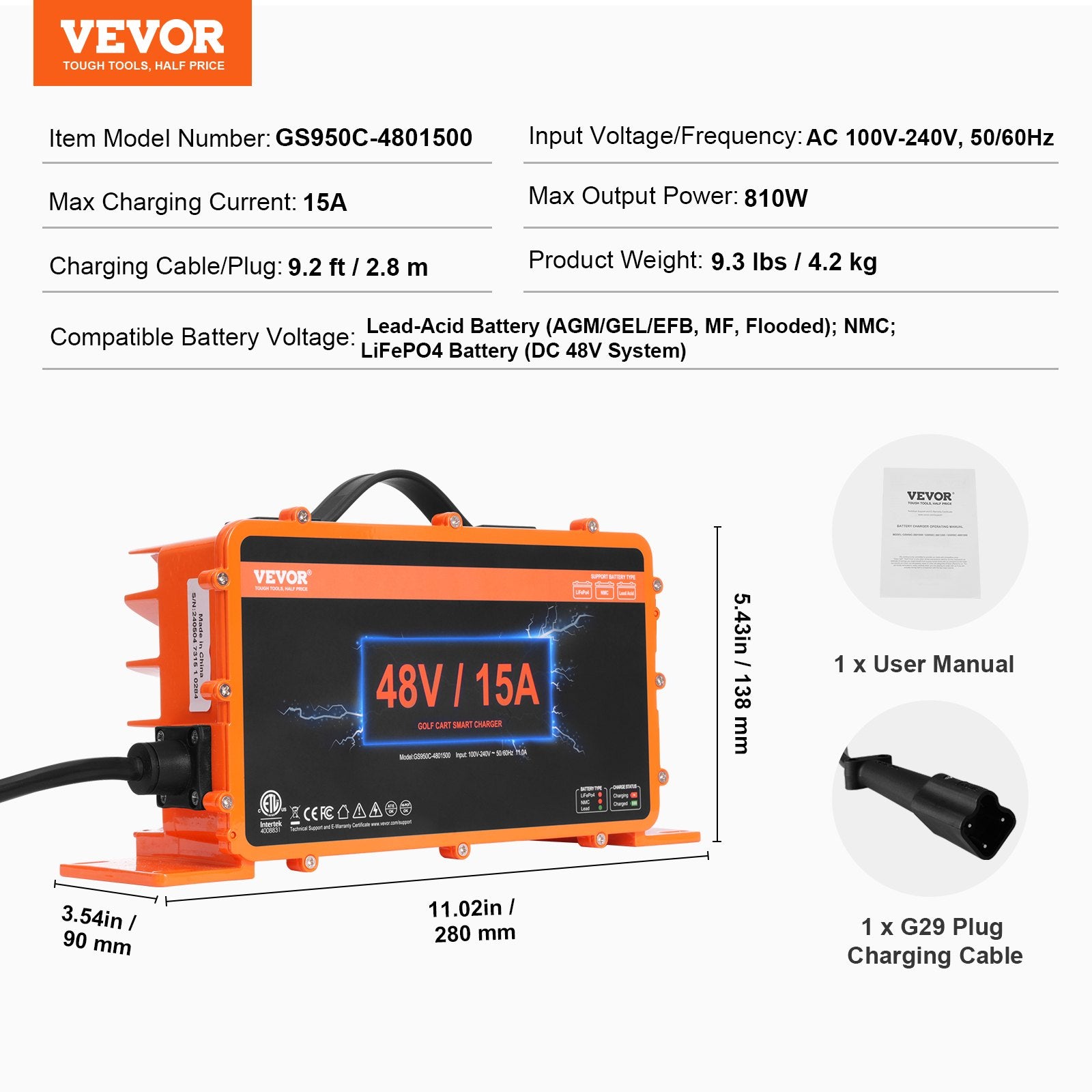 VEVOR 15 AMP Golf Cart Smart Battery Charger for Yamaha G29 Plug IP67 7
