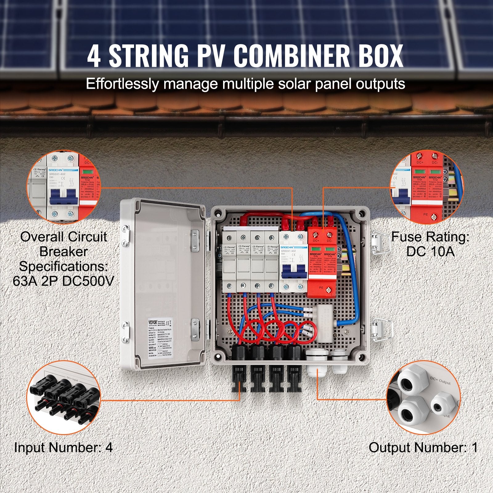 VEVOR Solar PV Combiner Box 4 String 10A for Solar Panel System ABS Case IP65 3