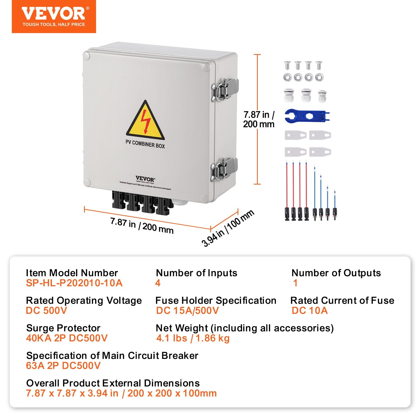 VEVOR Solar PV Combiner Box 4 String 10A for Solar Panel System ABS Case IP65 7