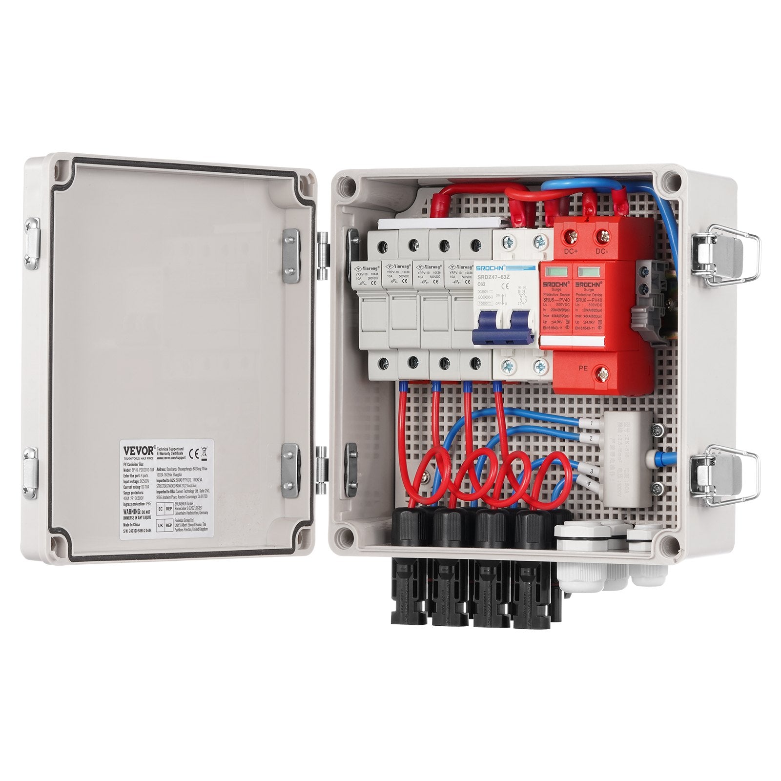 VEVOR Solar PV Combiner Box 4 String 10A for Solar Panel System ABS Case IP65 10