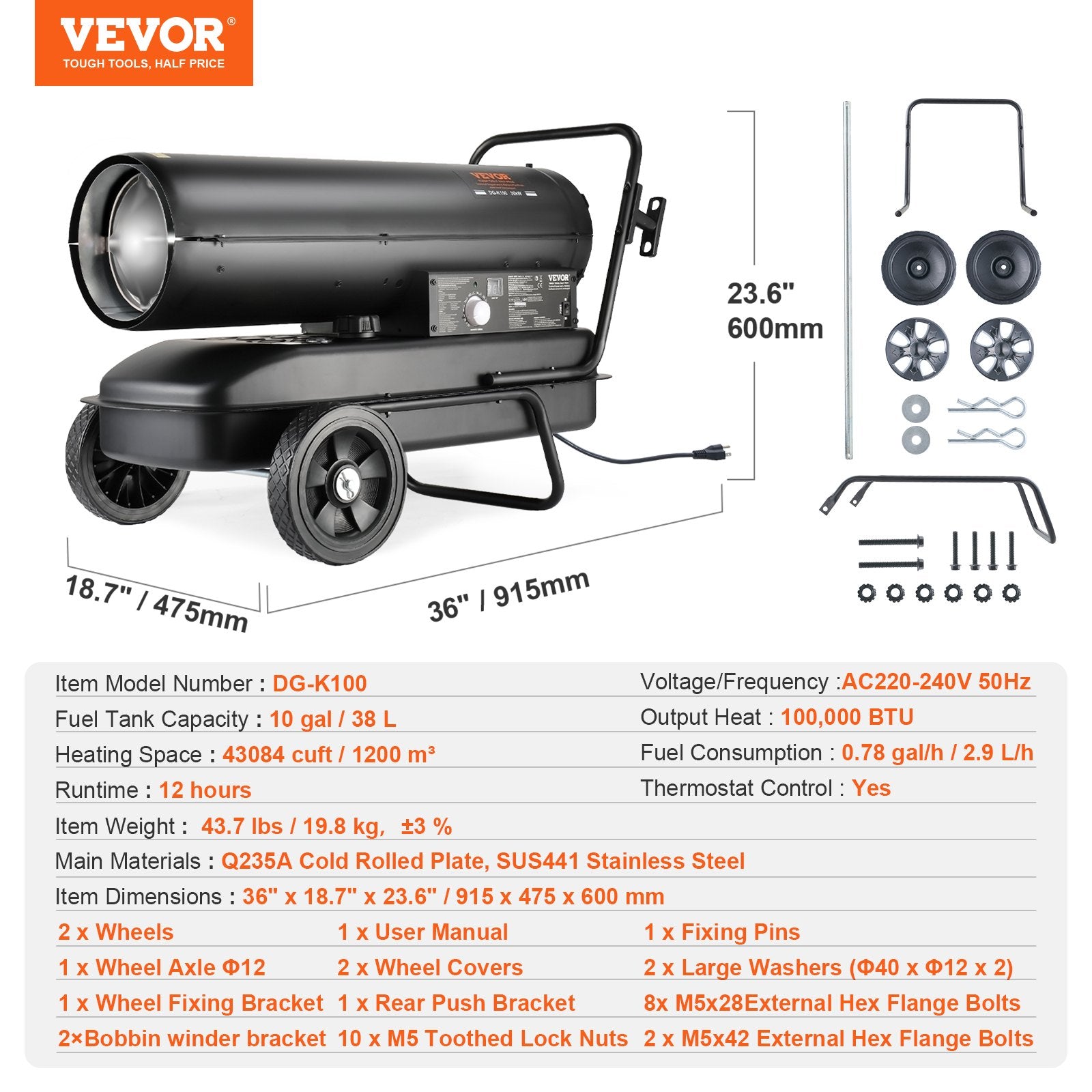 VEVOR 100000Btu Kerosene/Diesel Forced Air Torpedo Space Heater with Thermostat 5