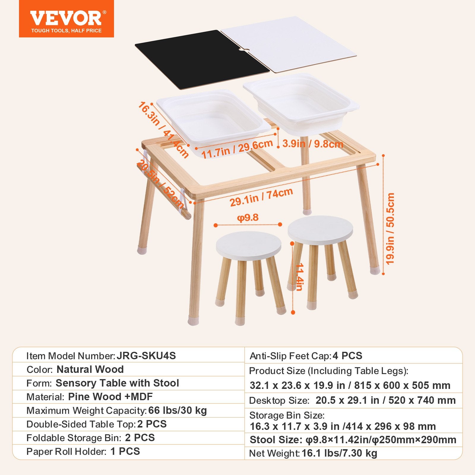 VEVOR Kids Sensory Table & Chair Set Sand Water Play Table with 2 Storage Bins 7