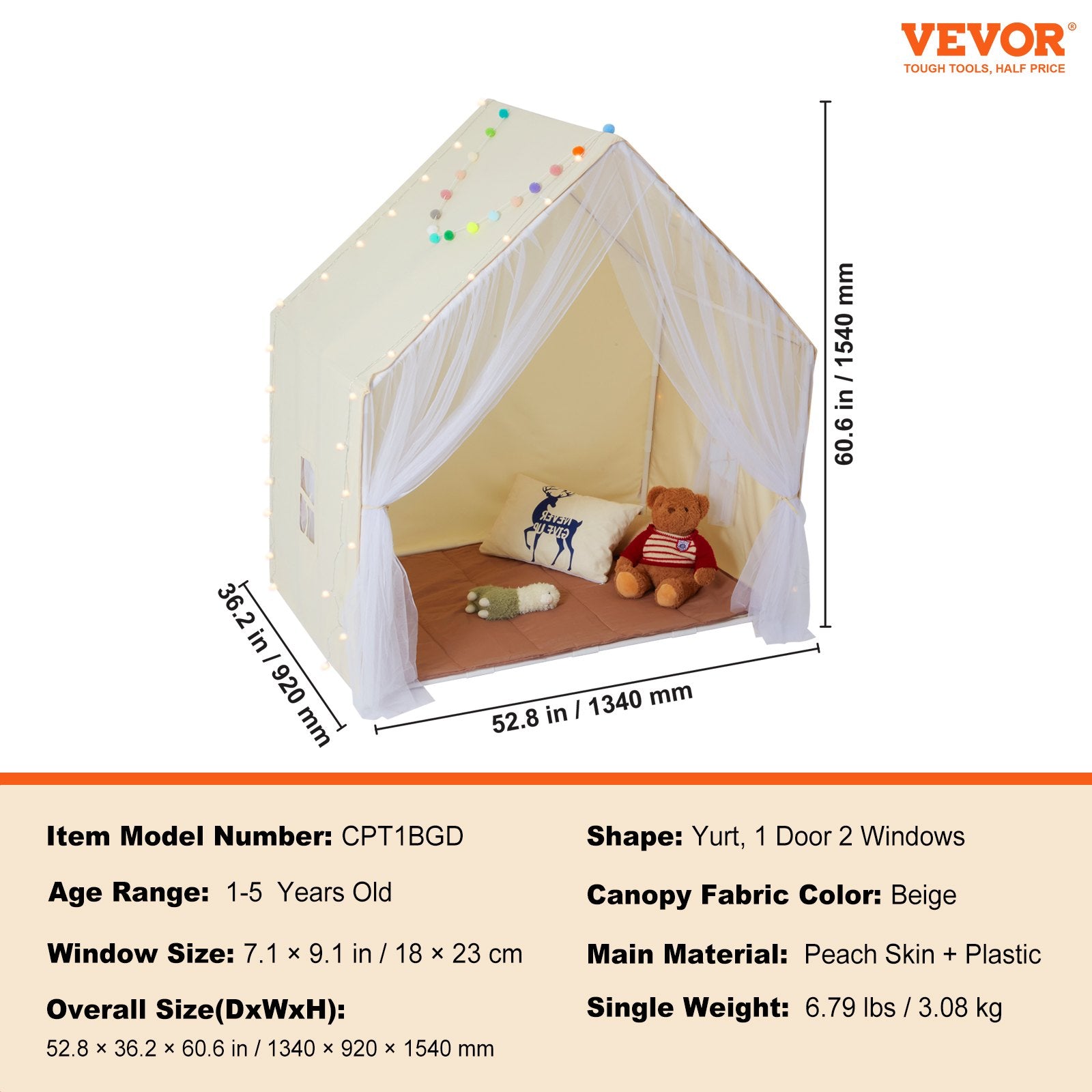 VEVOR Kids Play Tent, Kids Tent for Kids 1-5 Years Old, Toddler Tent with Mat and Tent Lamp, Tent for Kids with Windows for Indoor and Outdoor, Yurt Tent for Boys and Girls, Beige 7