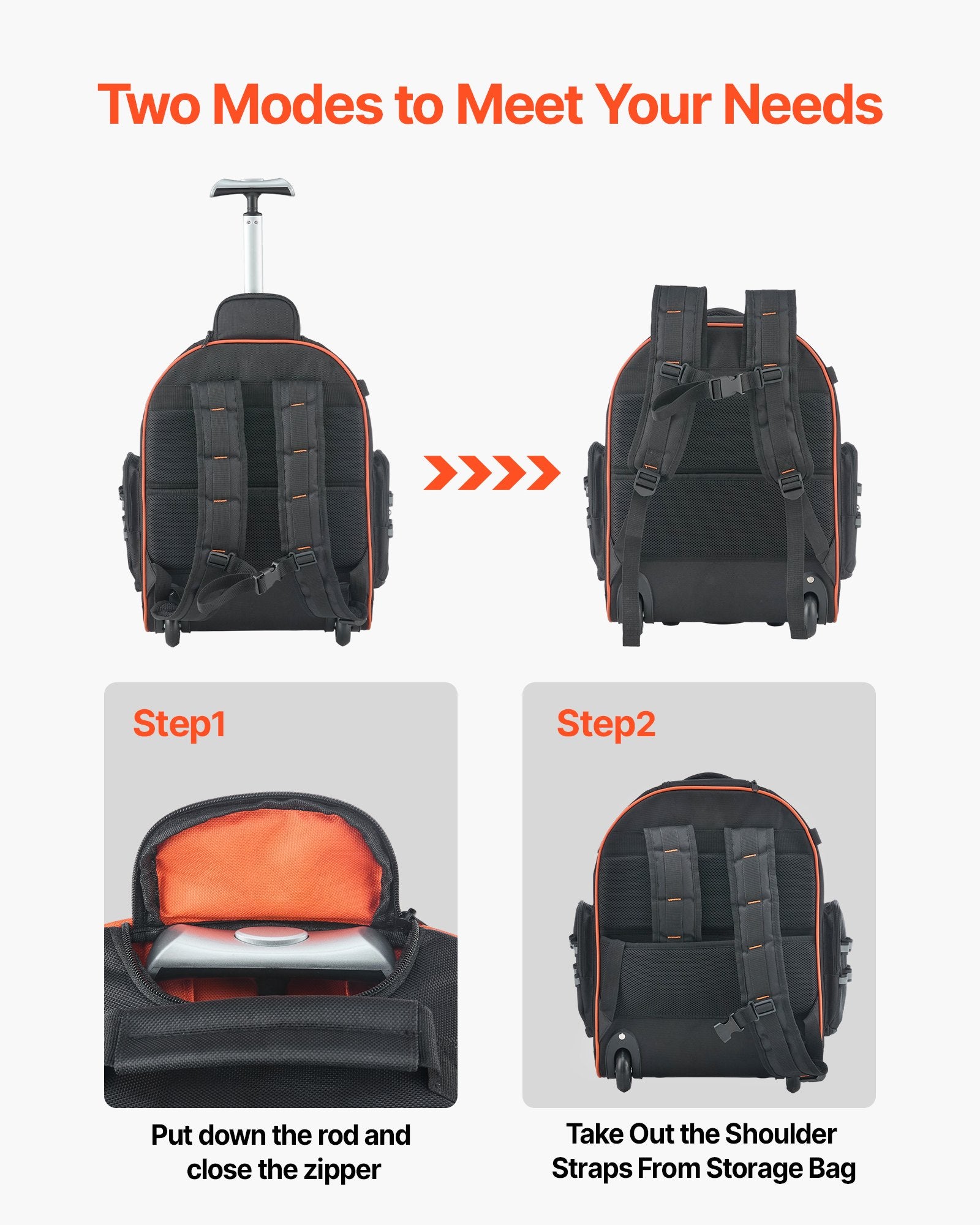 VEVOR Rolling Tool Backpack, 110 lbs Load Capacity, 45 Pockets Heavy Duty Roller Tool Bag on Wheels, Adjustable Telescoping Handle & Stable Base, Toolbag Organizers for Construction, Mechanic 5