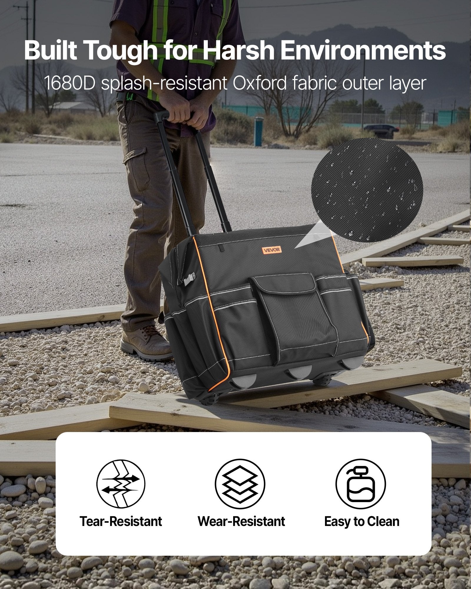 VEVOR Rolling Tool Bag, 110 lbs Load Capacity, 25 Pockets Heavy Duty Roller Tool Bag with Adjustable Telescoping Handle & Stable Base, Toolbag Organizers with Wheels for Electrician, Construction 3