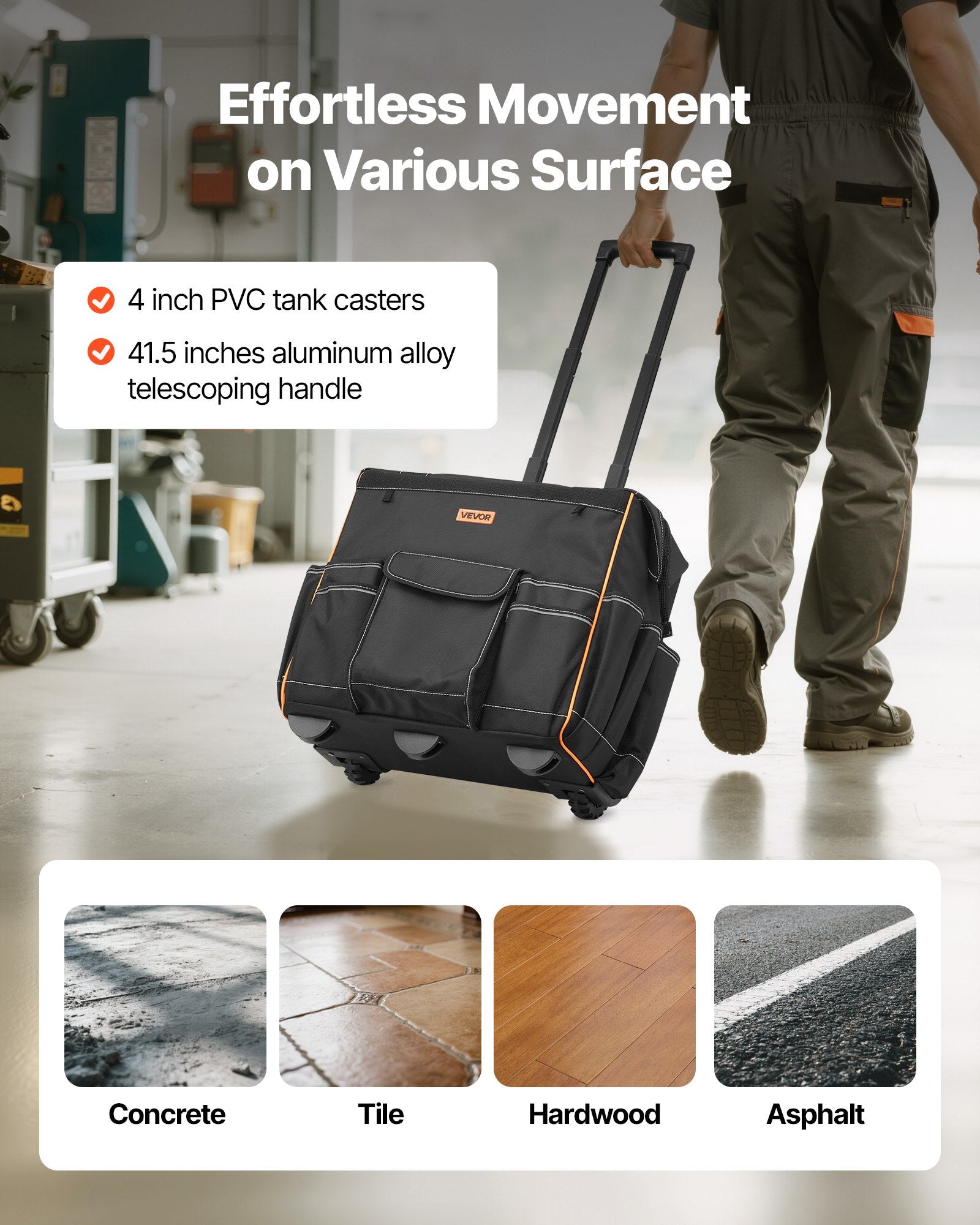 VEVOR Rolling Tool Bag, 110 lbs Load Capacity, 25 Pockets Heavy Duty Roller Tool Bag with Adjustable Telescoping Handle & Stable Base, Toolbag Organizers with Wheels for Electrician, Construction 4