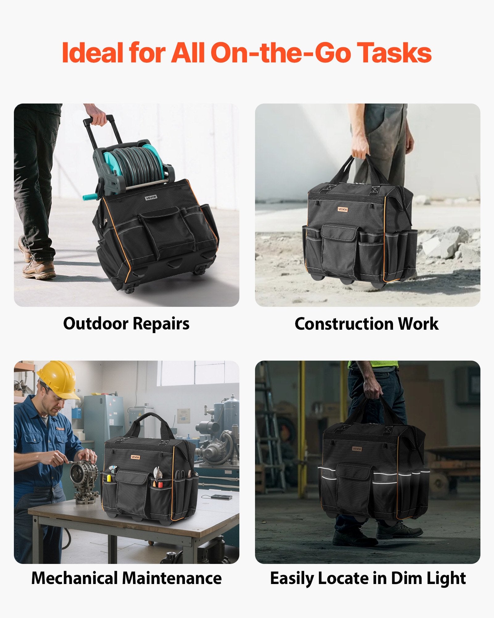 VEVOR Rolling Tool Bag, 110 lbs Load Capacity, 25 Pockets Heavy Duty Roller Tool Bag with Adjustable Telescoping Handle & Stable Base, Toolbag Organizers with Wheels for Electrician, Construction 6