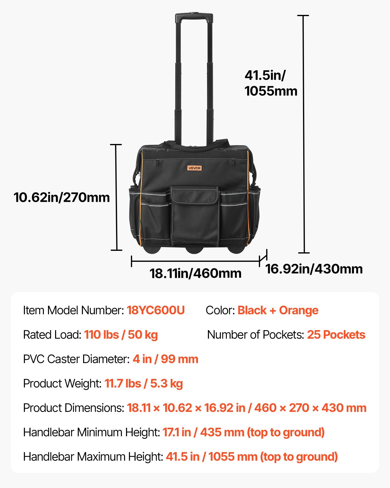 VEVOR Rolling Tool Bag, 110 lbs Load Capacity, 25 Pockets Heavy Duty Roller Tool Bag with Adjustable Telescoping Handle & Stable Base, Toolbag Organizers with Wheels for Electrician, Construction 7