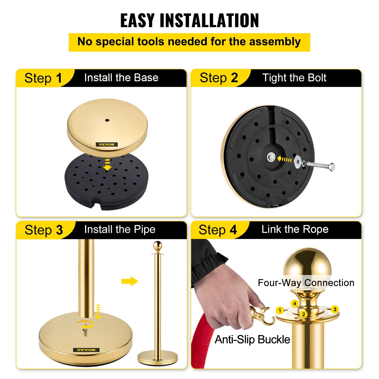 VEVOR 4PCS Gold Stanchion Posts Queue, 38 Inch Red Velvet Rope, Crowd Control Barriers Queue Line Rope, Barriers for Party Supplies 5