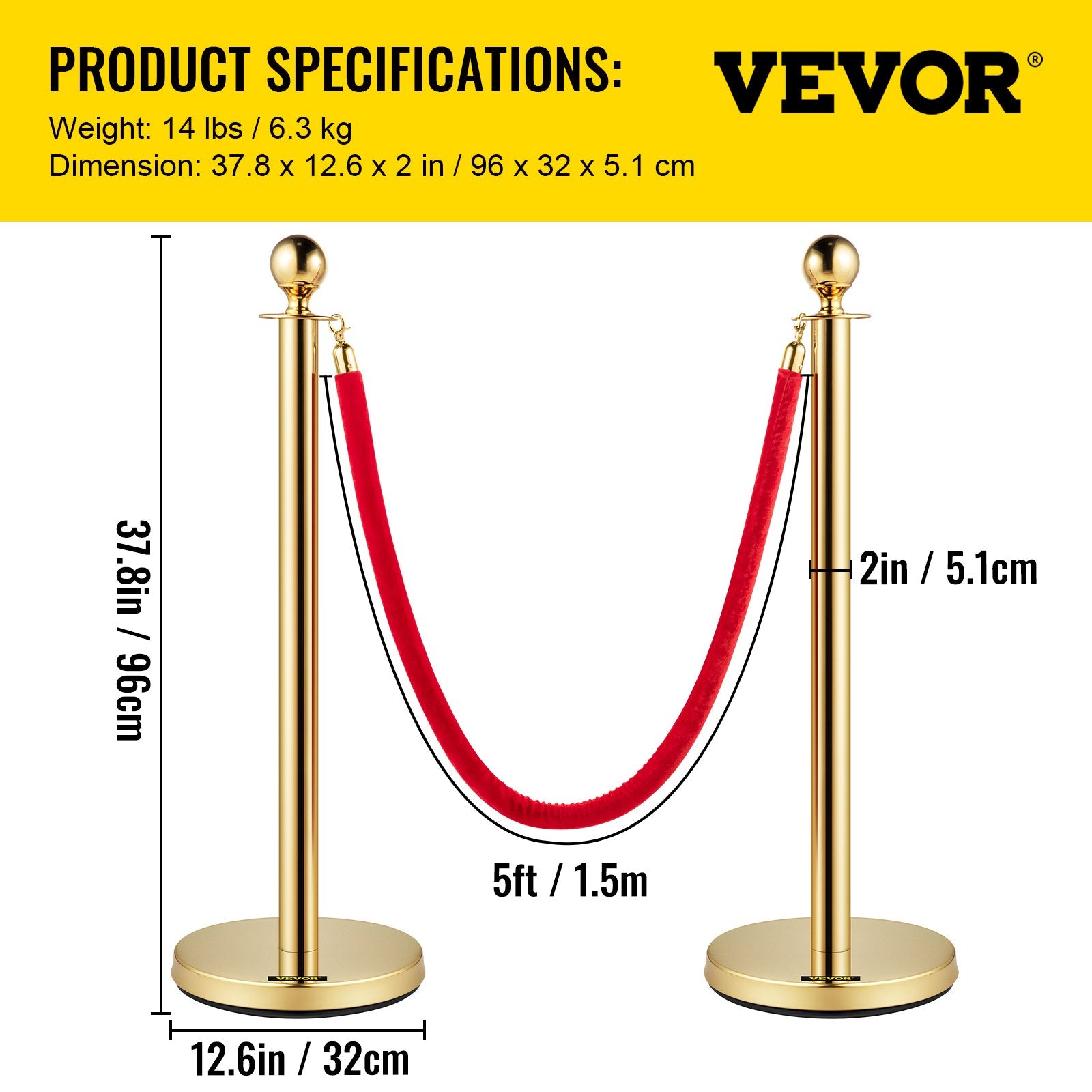 VEVOR 4PCS Gold Stanchion Posts Queue, 38 Inch Red Velvet Rope, Crowd Control Barriers Queue Line Rope, Barriers for Party Supplies 6