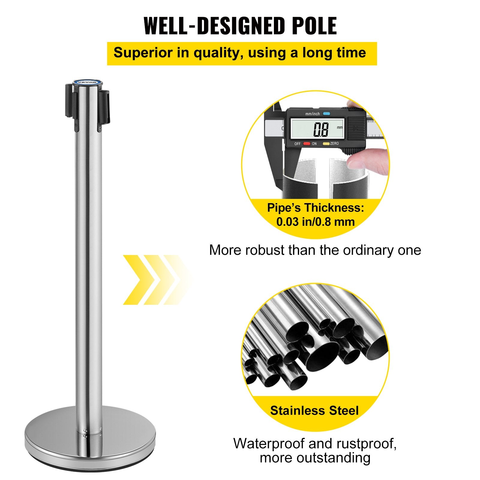 VEVOR Crowd Control Stanchion, Set of 6 Pieces Stanchion Set, Stanchion Set with 2 m Red Retractable Belt, Crowd Control Barrier with Rubber Base – Easy Connect Assembly for Crowd Control (Silver) 3