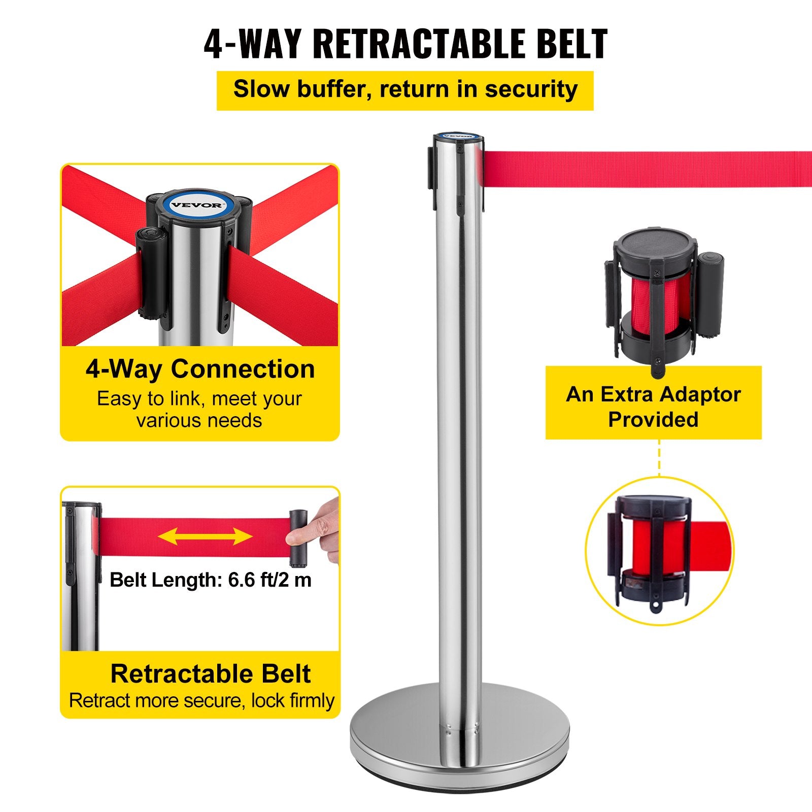 VEVOR Crowd Control Stanchion, Set of 6 Pieces Stanchion Set, Stanchion Set with 2 m Red Retractable Belt, Crowd Control Barrier with Rubber Base – Easy Connect Assembly for Crowd Control (Silver) 4