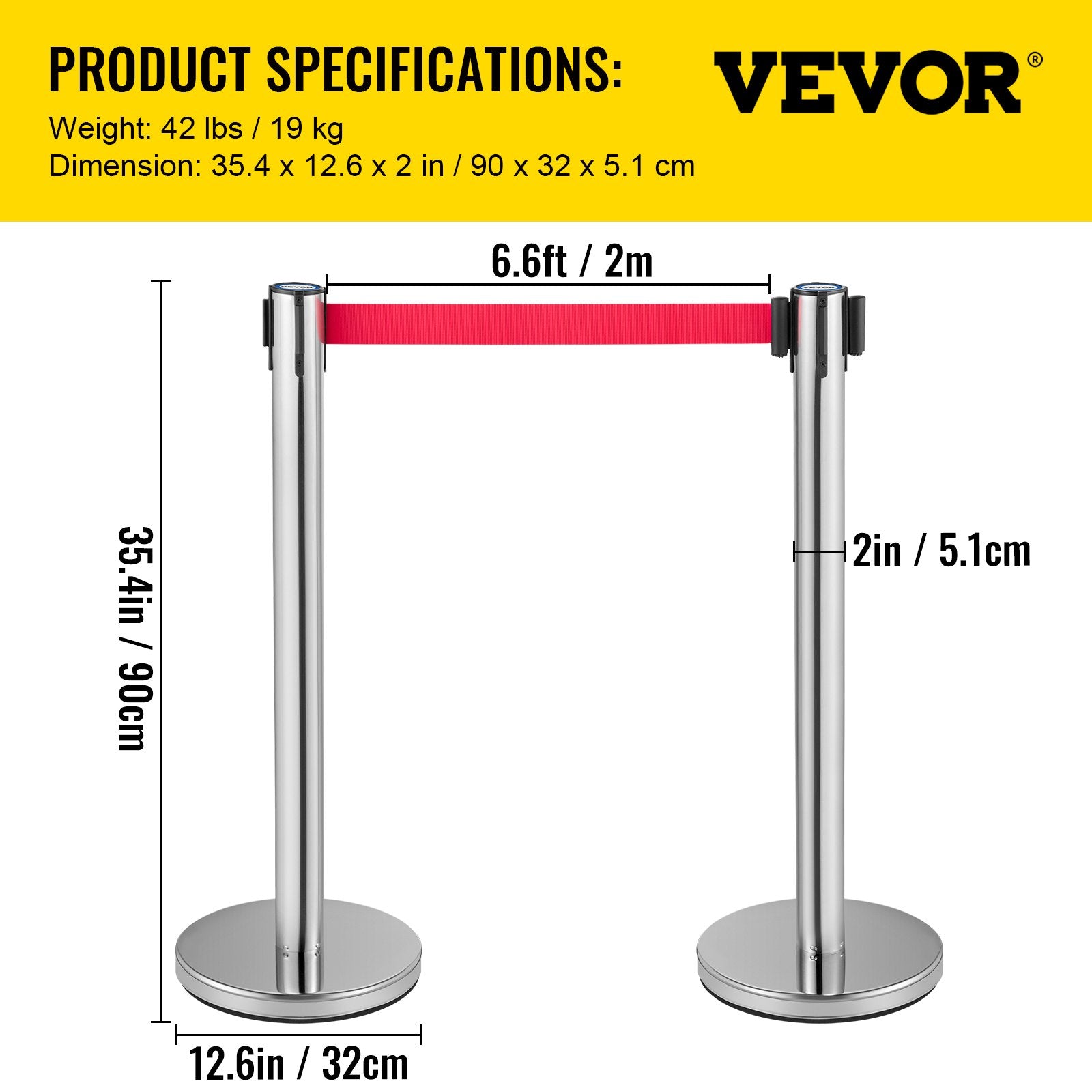VEVOR Crowd Control Stanchion, Set of 6 Pieces Stanchion Set, Stanchion Set with 2 m Red Retractable Belt, Crowd Control Barrier with Rubber Base – Easy Connect Assembly for Crowd Control (Silver) 7