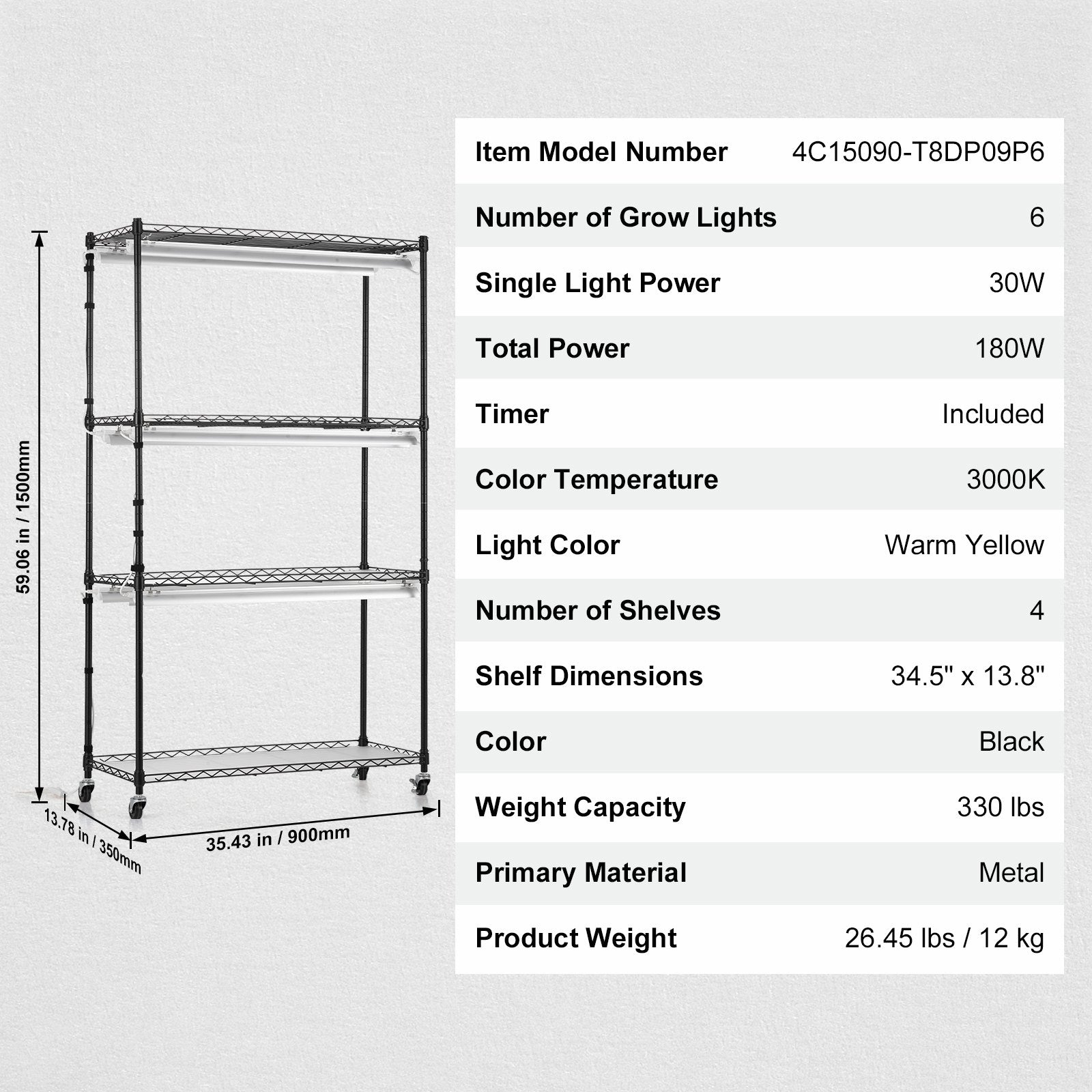 VEVOR Plant Stand with Grow Lights 4 Tiers 180W 150 cm Tall Plant Grow Shelf 7