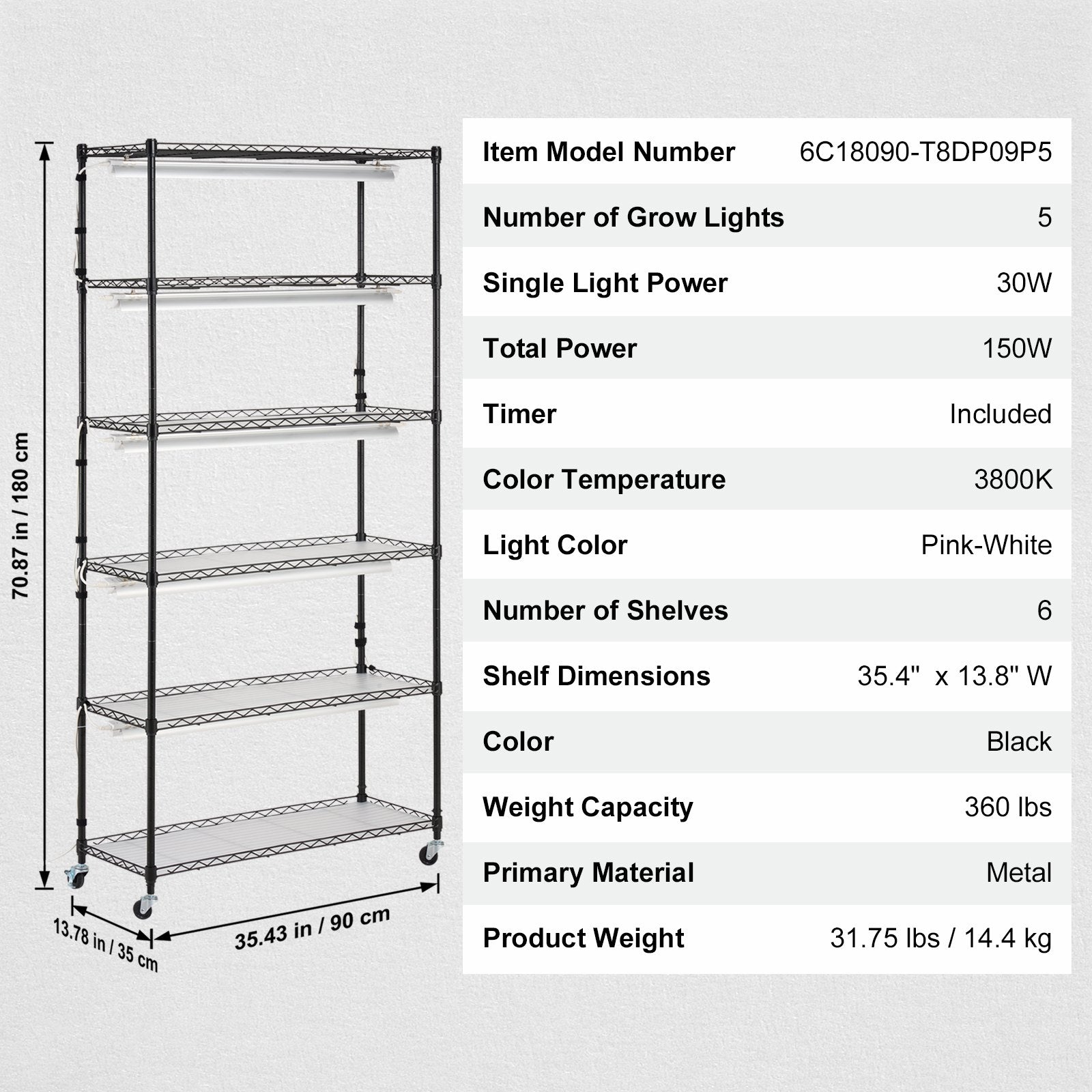 VEVOR Plant Stand with Grow Light 6 Tiers 180W 180 cm  Indoor Plant Grow Shelf 7