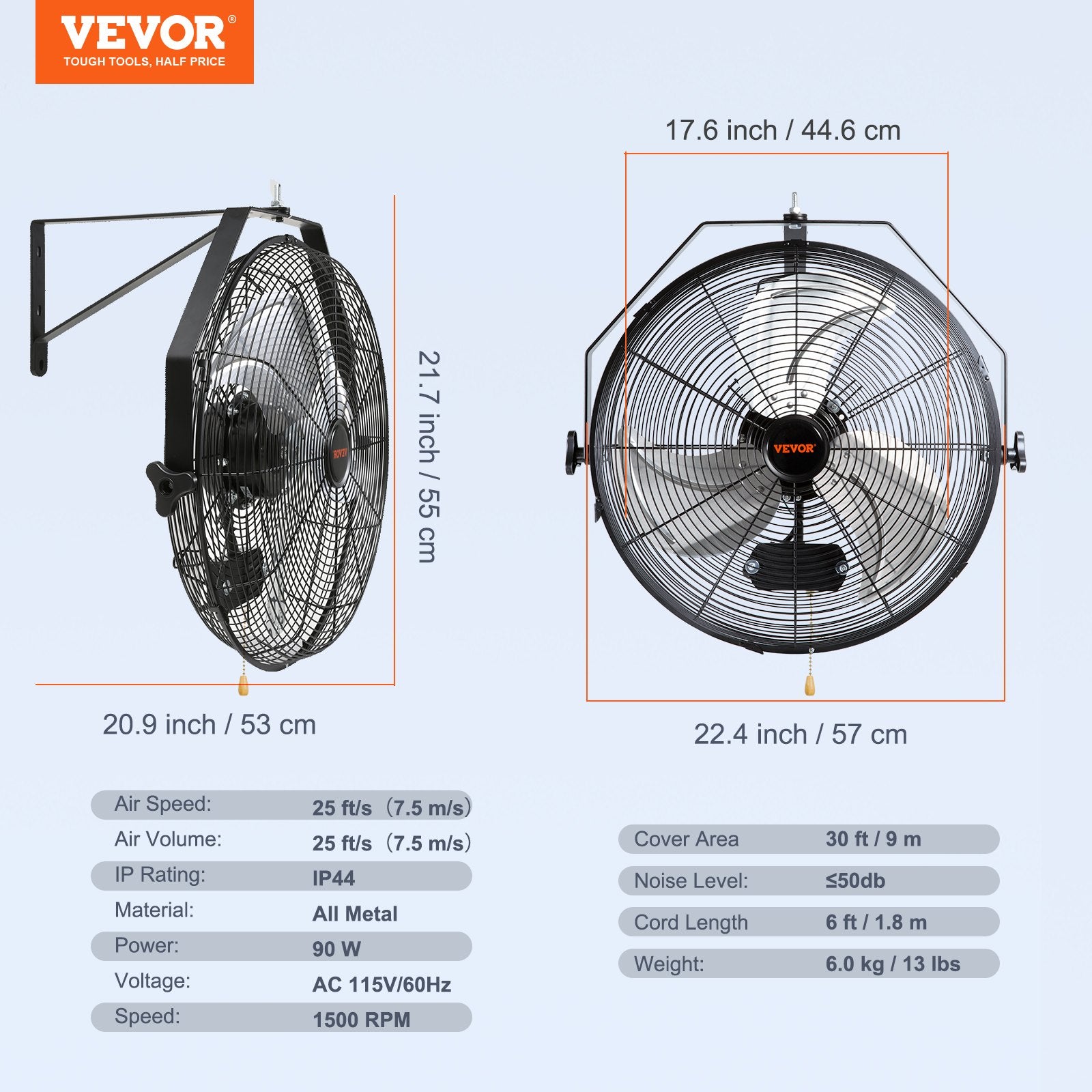 VEVOR Industrial Wall Mount Fan Waterproof Metal Fan 17.6'' 3 Speed Airflow 6
