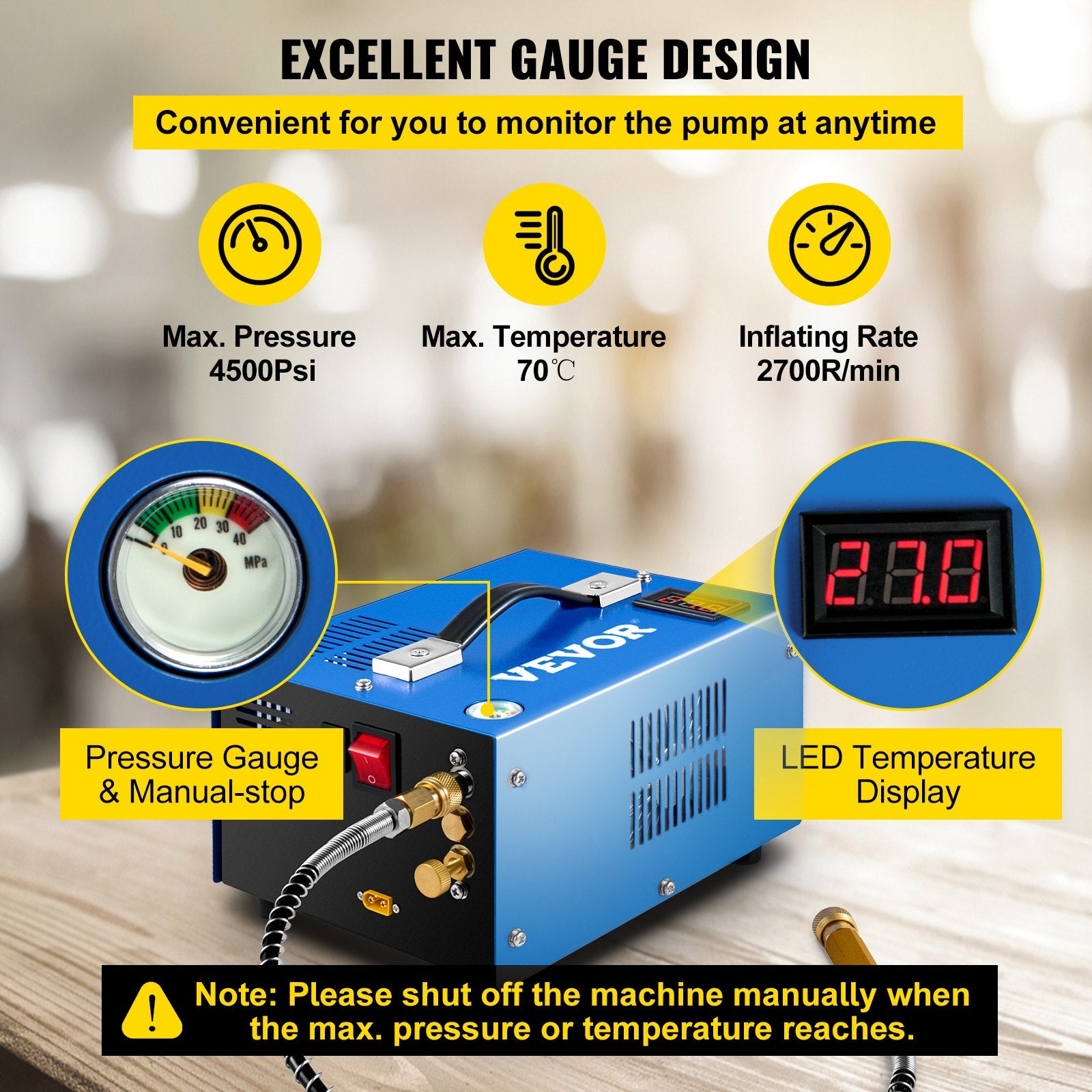 VEVOR PCP Air Compressor Scuba Compressor 4500PSI Manual-Stop 12V/220V w/Adapter 5