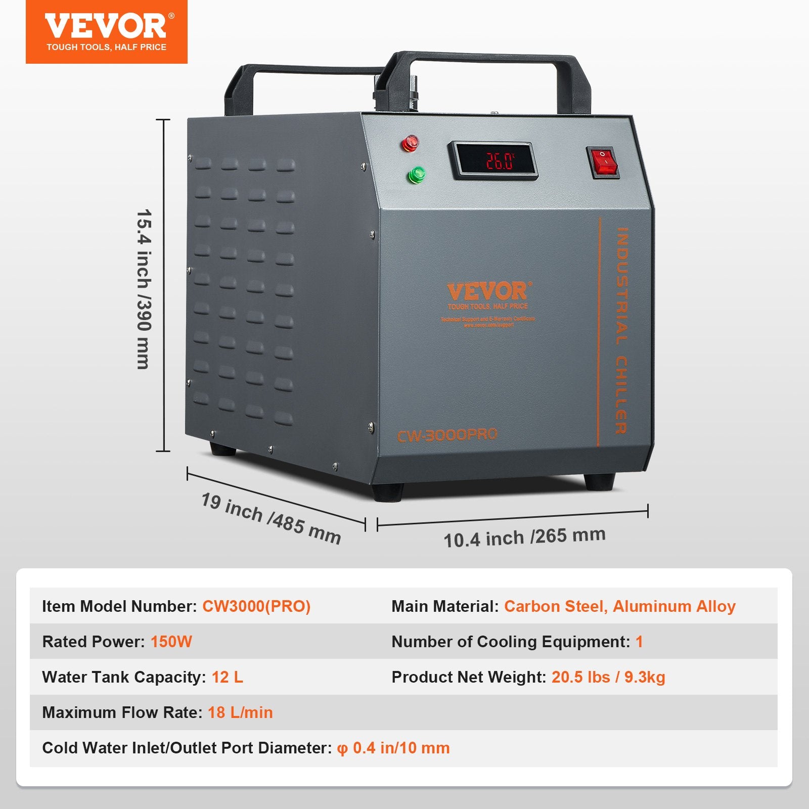 VEVOR Industrial Water Chiller, CW-3000(PRO), 150W Air-Cooled Industrial Water Cooler Cooling System with 12L Water Tank Capacity 18 L/min Max Flow Rate, for Laser Engraving Machine Cooling Machine 7