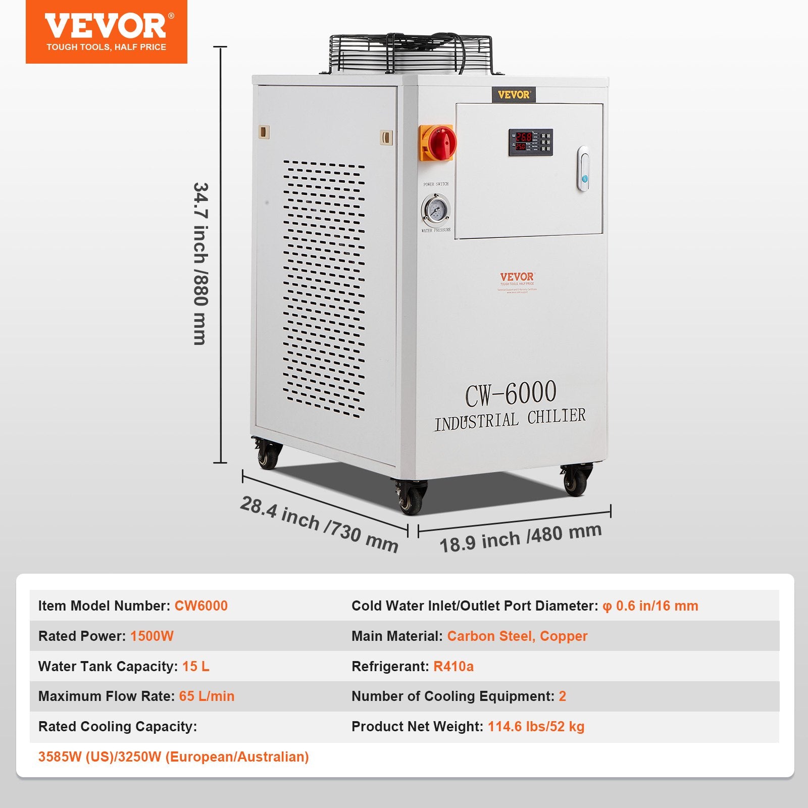 VEVOR Industrial Water Chiller, CW6000, 1500W Industrial Water Cooler Cooling System with Compressor 15L Water Tank Capacity 65 L/min Max Flow Rate, for CO2 Laser Engraving Machine Cooling Machine 7