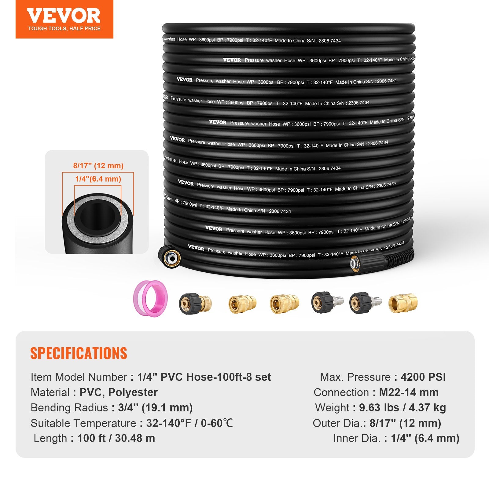 VEVOR Pressure Washer Hose, 100FT, 1/4" Kink Free M22-14mm Brass Thread Replacement For Most Brand Pressure Washers, 3/4'' Bending Radius, 4200 PSI Heavy Duty Power Washer Extension Replacement Hose 7