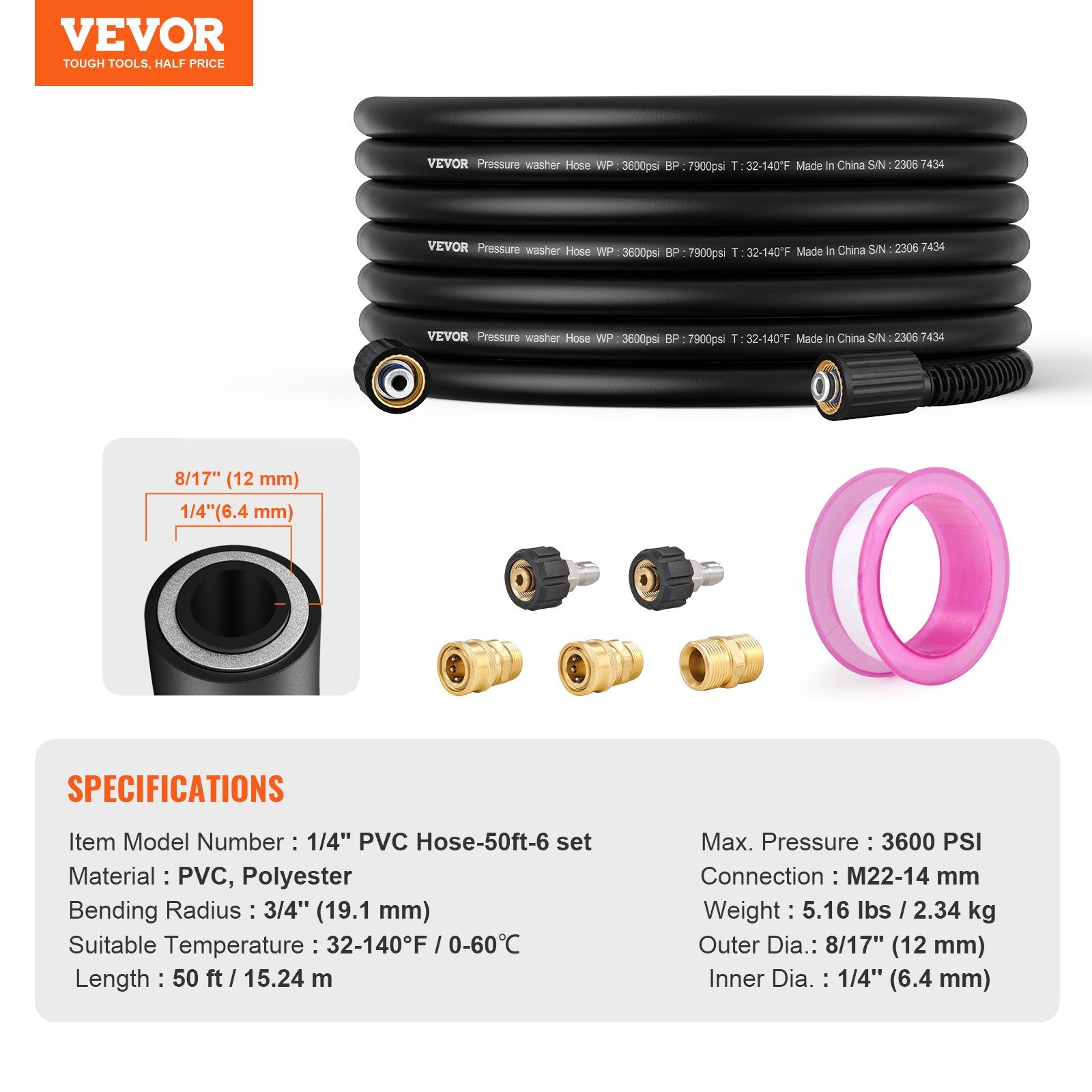 VEVOR 50 FT 3600 PSI High Pressure Power Washer Hose 1/4" Quick Connection 7