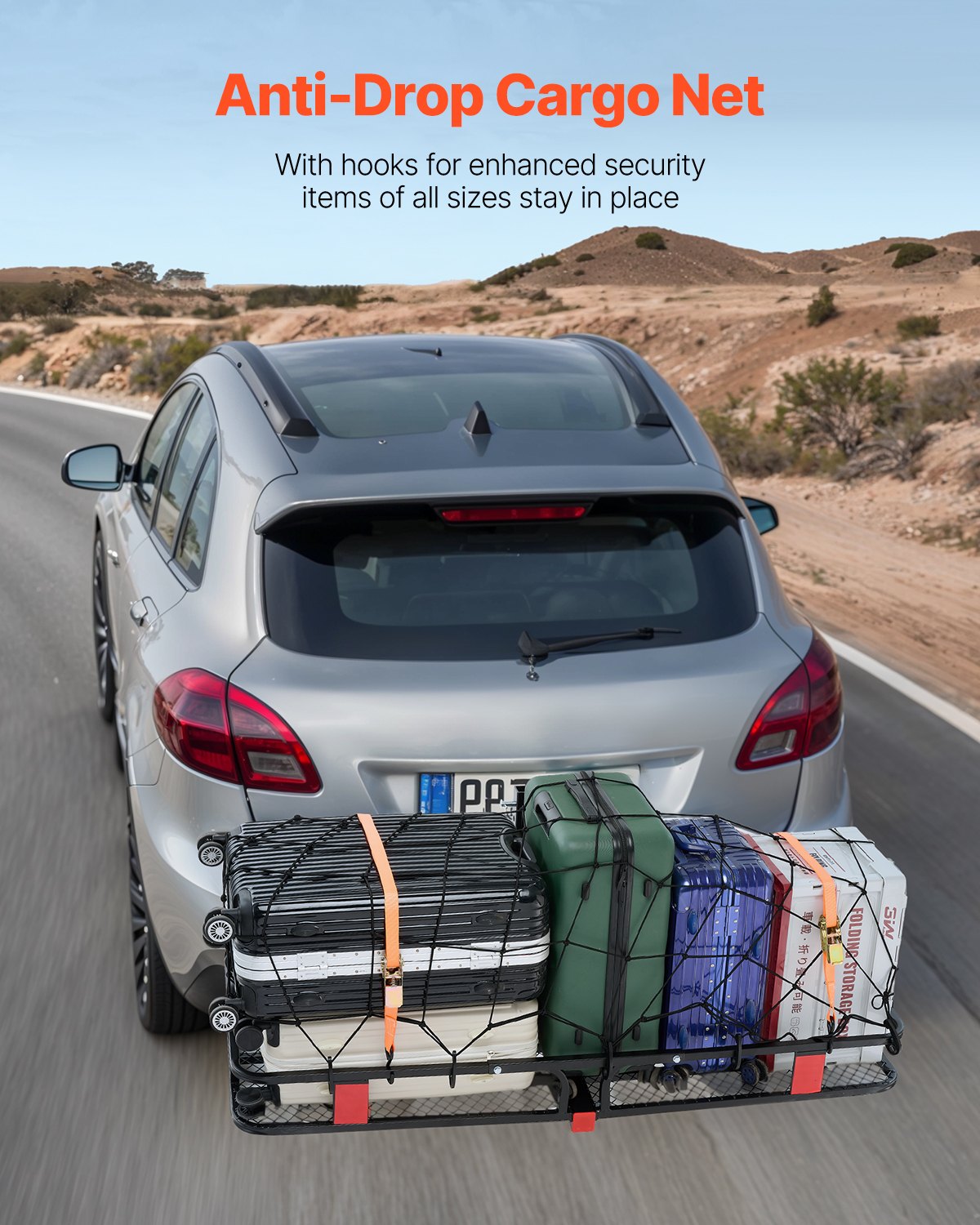 VEVOR 53" x 19" x 5", Hitch Cargo Carrier, 500 lbs Capacity Hitch Cargo Carrier with Hitch Stabilizer & Ratchet Straps, Hitch Mount Cargo Carrier with Cargo Net with Hook, Fit for SUVs 5