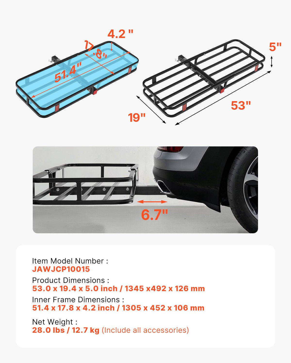VEVOR 53" x 19" x 5", Hitch Cargo Carrier, 500 lbs Capacity Hitch Cargo Carrier with Hitch Stabilizer & Ratchet Straps, Hitch Mount Cargo Carrier with Cargo Net with Hook, Fit for SUVs 7