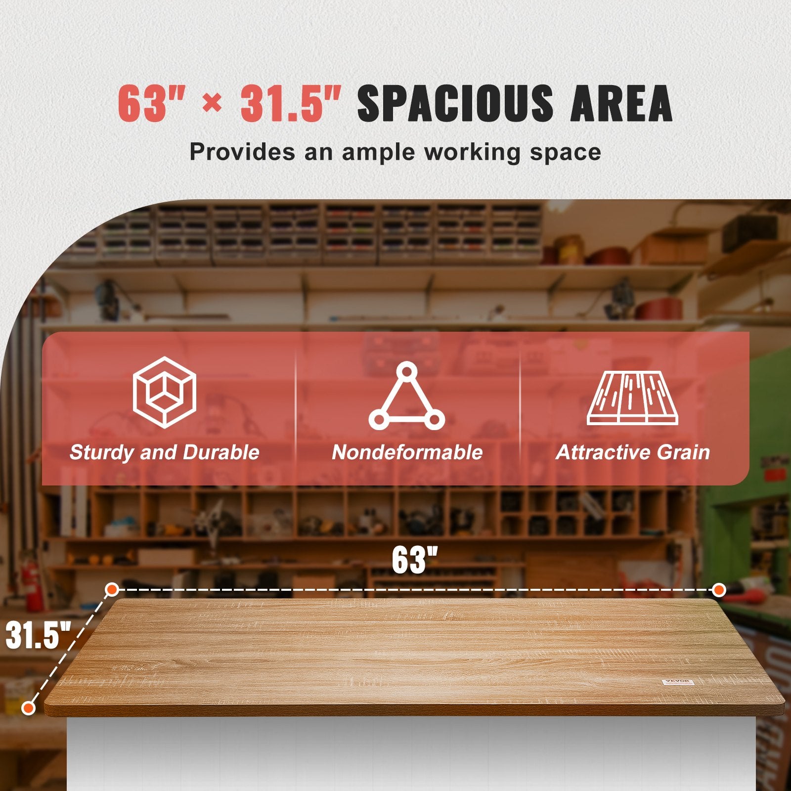 VEVOR Table Top, 63" x 31.5" x 1", 220.5 lbs Load Capacity, Universal One-Piece Particle Board Desktop for Height Adjustable Electric Standing Desk Frame, Rectangular Countertop for Home & Office Desk 3
