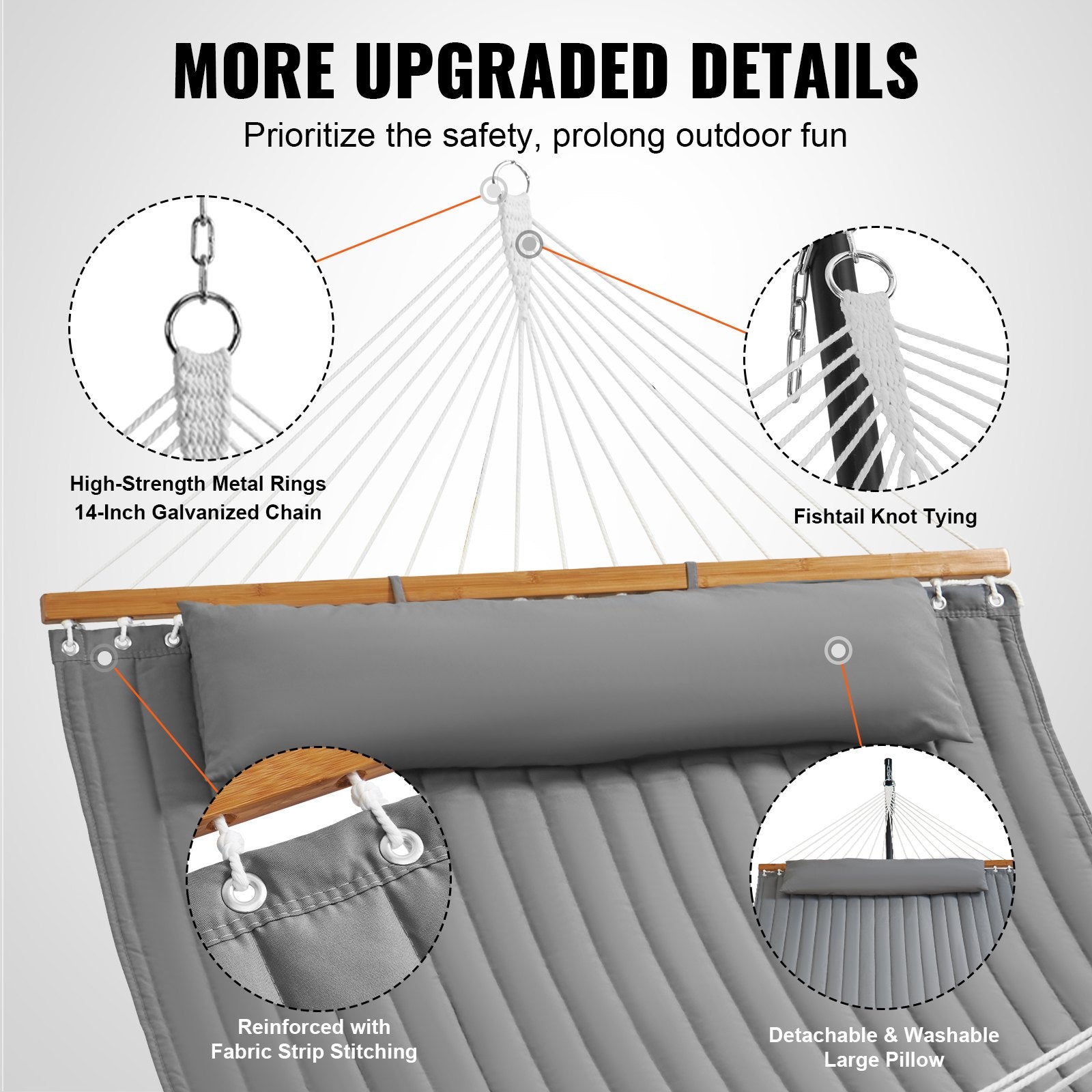 VEVOR Double Quilted Fabric Hammock, 12 FT Double Hammock with Hardwood Spreader Bars, 2 Person Quilted Hammock with Detachable Pillow and Chains for Camping Outdoor Patio Yard Beach, 480 lbs Capacity 5