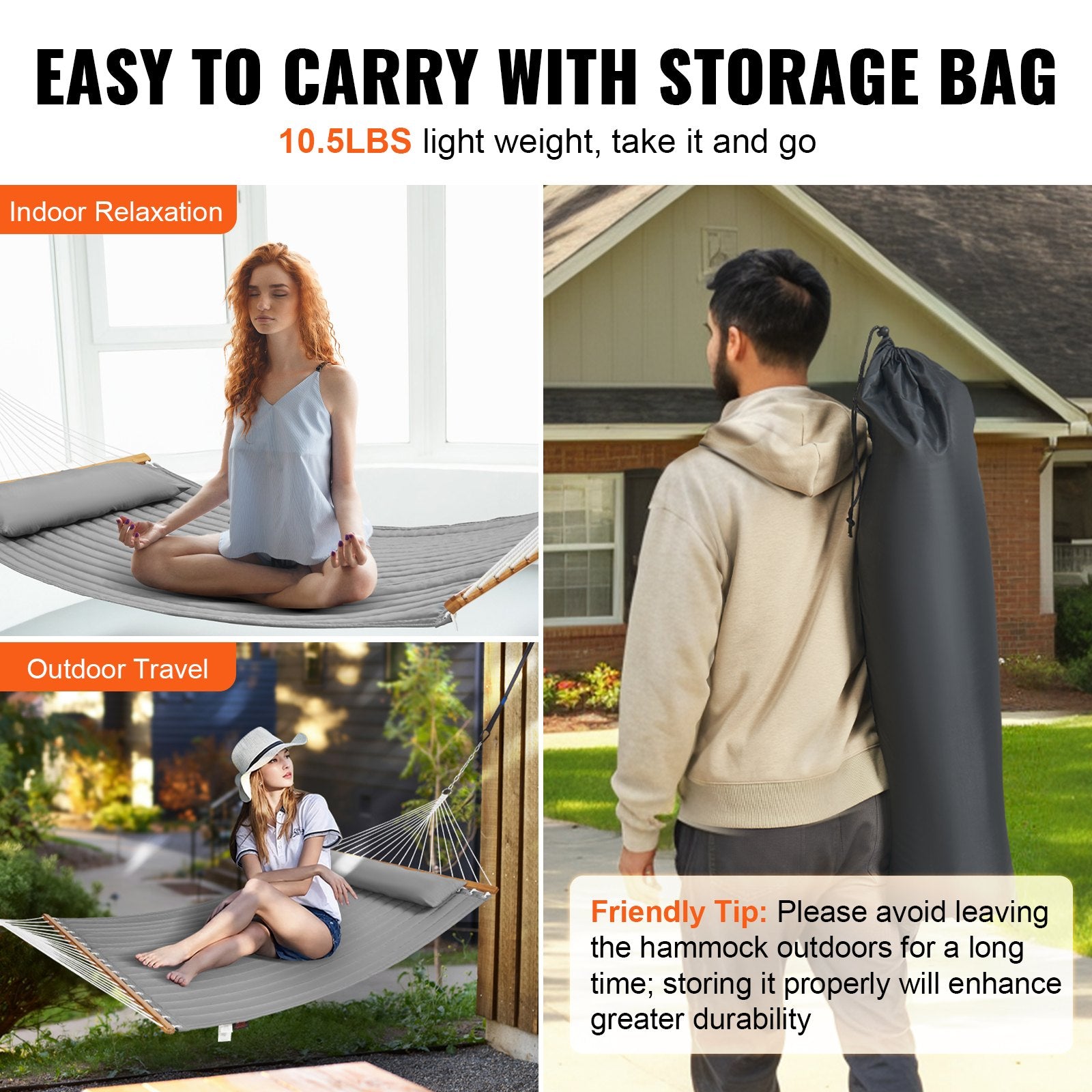 VEVOR Double Quilted Fabric Hammock, 12 FT Double Hammock with Hardwood Spreader Bars, 2 Person Quilted Hammock with Detachable Pillow and Chains for Camping Outdoor Patio Yard Beach, 480 lbs Capacity 6