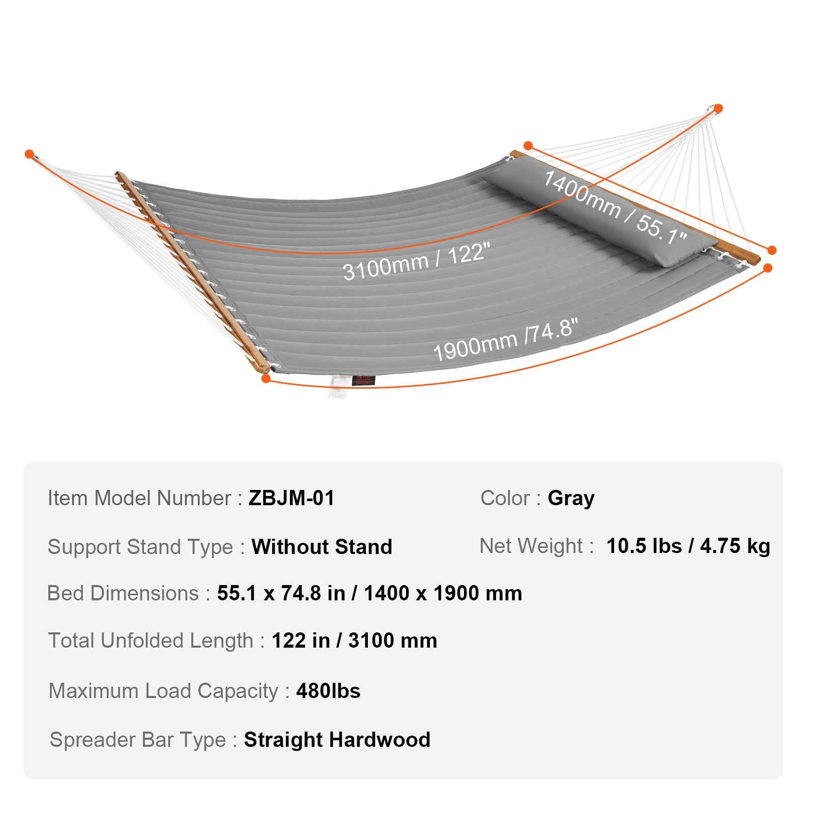 VEVOR Double Quilted Fabric Hammock, 12 FT Double Hammock with Hardwood Spreader Bars, 2 Person Quilted Hammock with Detachable Pillow and Chains for Camping Outdoor Patio Yard Beach, 480 lbs Capacity 7
