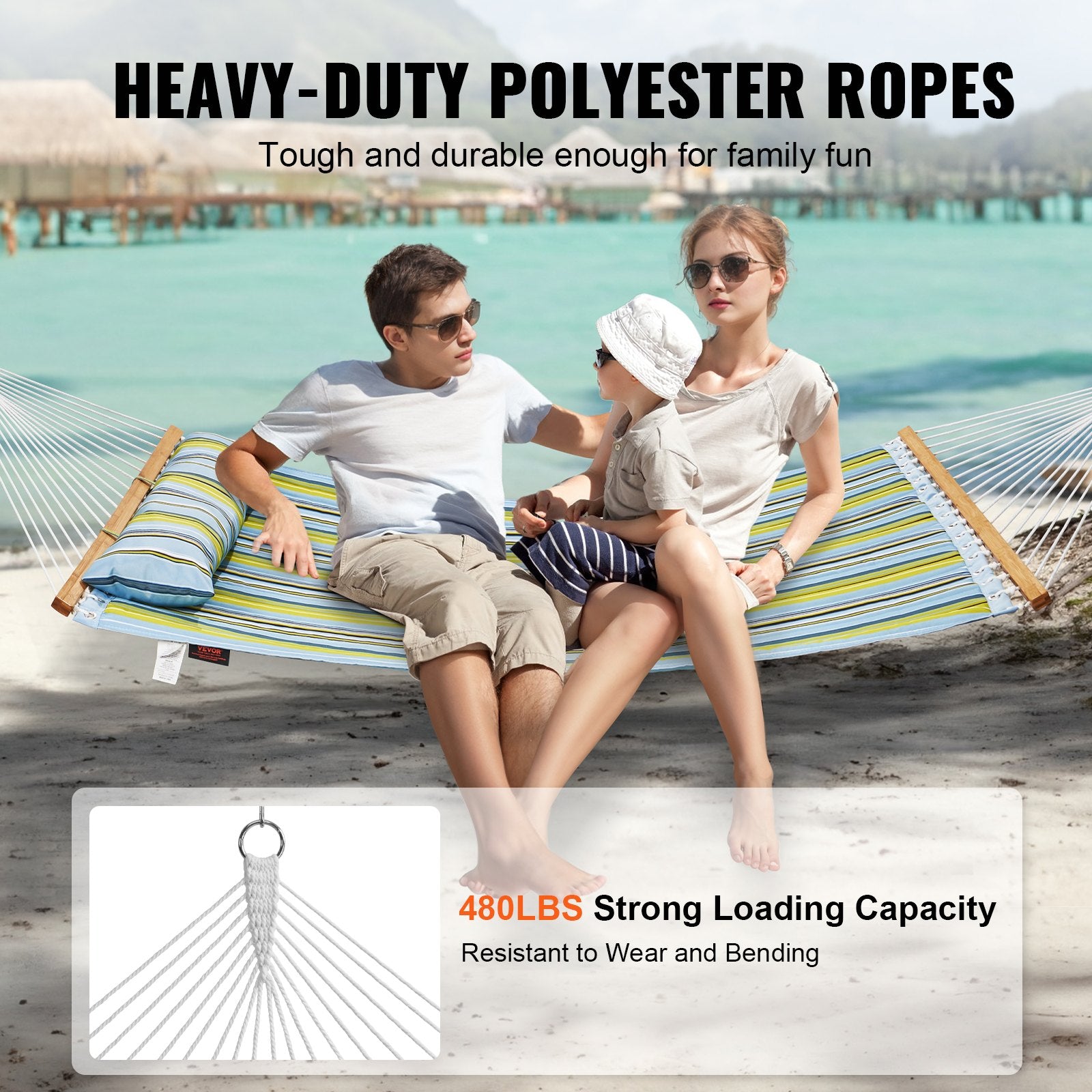 VEVOR Double Quilted Fabric Hammock, 12 FT Double Hammock with Hardwood Spreader Bars, 2 Person Quilted Hammock with Detachable Pillow and Chains for Camping Outdoor Patio Yard Beach, 480 lbs Capacity 3