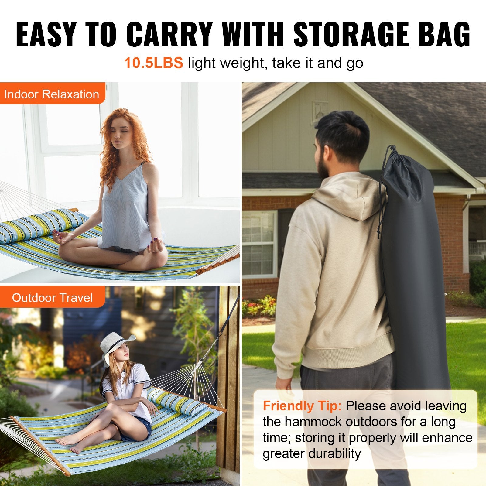 VEVOR Double Quilted Fabric Hammock, 12 FT Double Hammock with Hardwood Spreader Bars, 2 Person Quilted Hammock with Detachable Pillow and Chains for Camping Outdoor Patio Yard Beach, 480 lbs Capacity 6