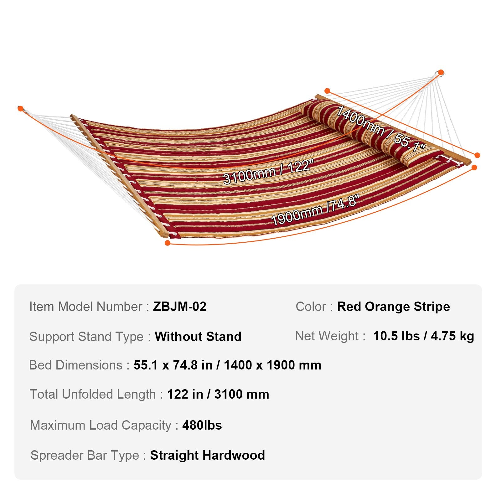 VEVOR Double Quilted Fabric Hammock, 12 FT Double Hammock with Hardwood Spreader Bars, 2 Person Quilted Hammock with Detachable Pillow and Chains for Camping Outdoor Patio Yard Beach, 480 lbs Capacity 7