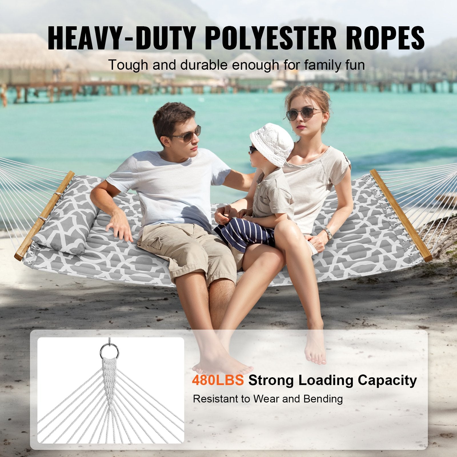VEVOR Double Quilted Fabric Hammock, 12 FT Double Hammock with Hardwood Spreader Bars, 2 Person Quilted Hammock with Detachable Pillow and Chains for Camping Outdoor Patio Yard Beach, 480 lbs Capacity 3