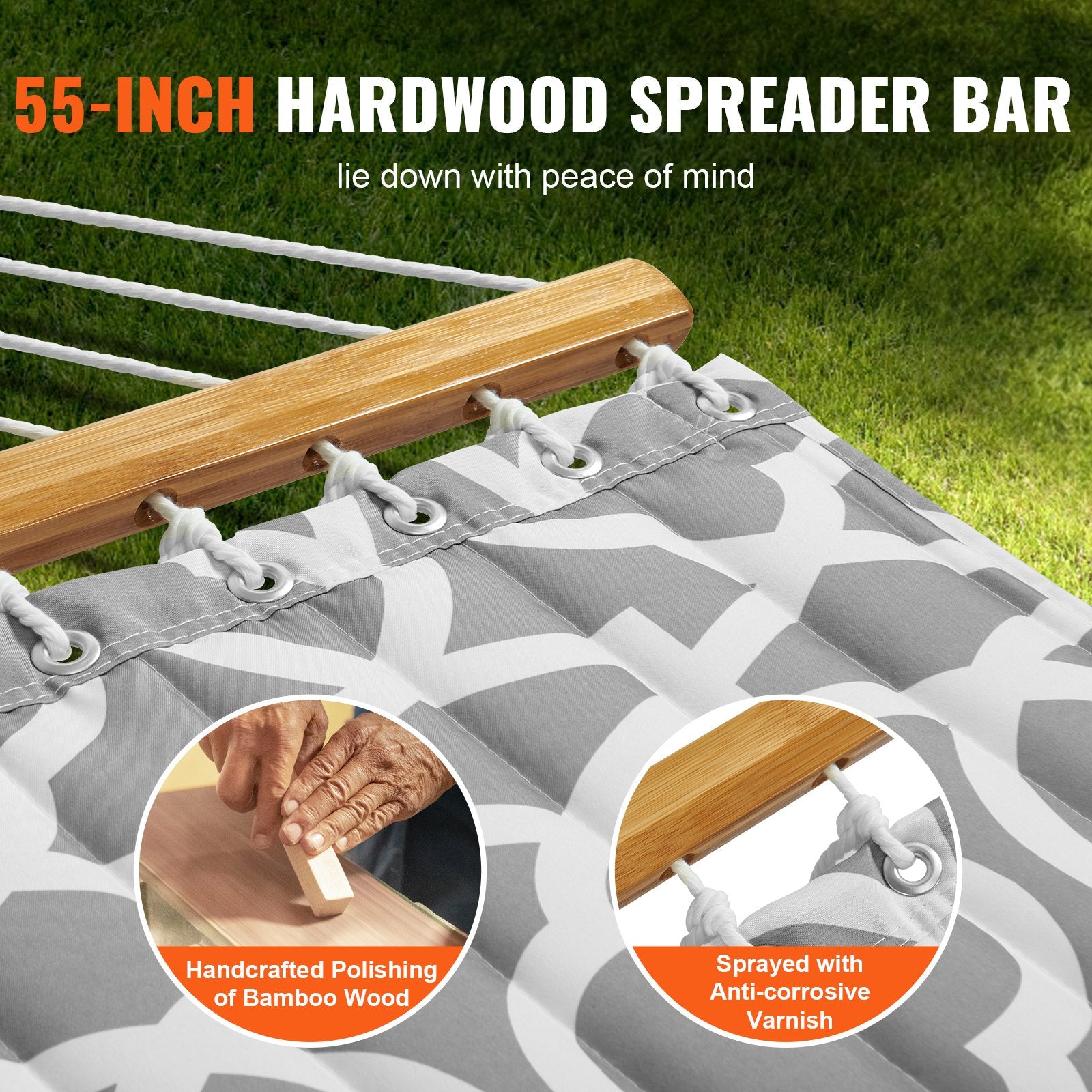 VEVOR Double Quilted Fabric Hammock, 12 FT Double Hammock with Hardwood Spreader Bars, 2 Person Quilted Hammock with Detachable Pillow and Chains for Camping Outdoor Patio Yard Beach, 480 lbs Capacity 4