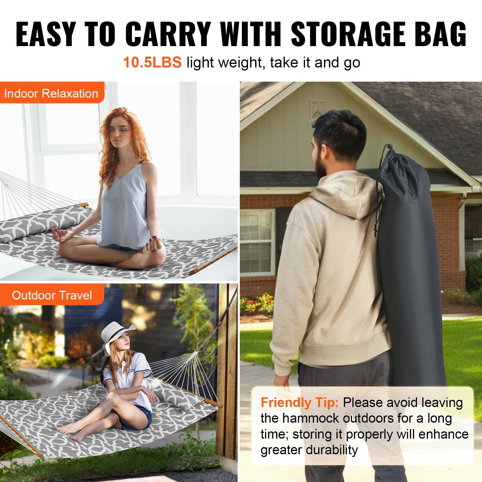 VEVOR Double Quilted Fabric Hammock, 12 FT Double Hammock with Hardwood Spreader Bars, 2 Person Quilted Hammock with Detachable Pillow and Chains for Camping Outdoor Patio Yard Beach, 480 lbs Capacity 6