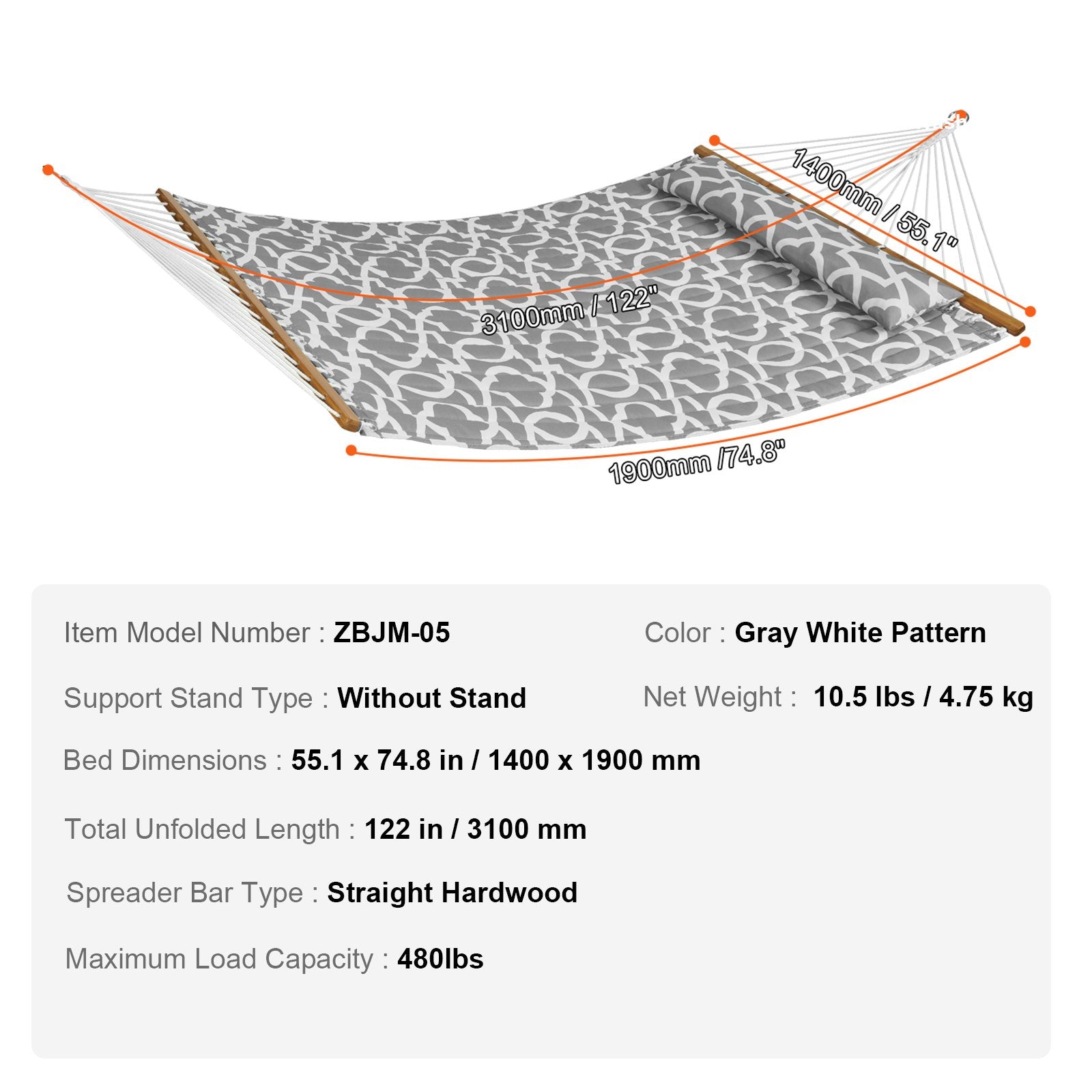 VEVOR Double Quilted Fabric Hammock, 12 FT Double Hammock with Hardwood Spreader Bars, 2 Person Quilted Hammock with Detachable Pillow and Chains for Camping Outdoor Patio Yard Beach, 480 lbs Capacity 7