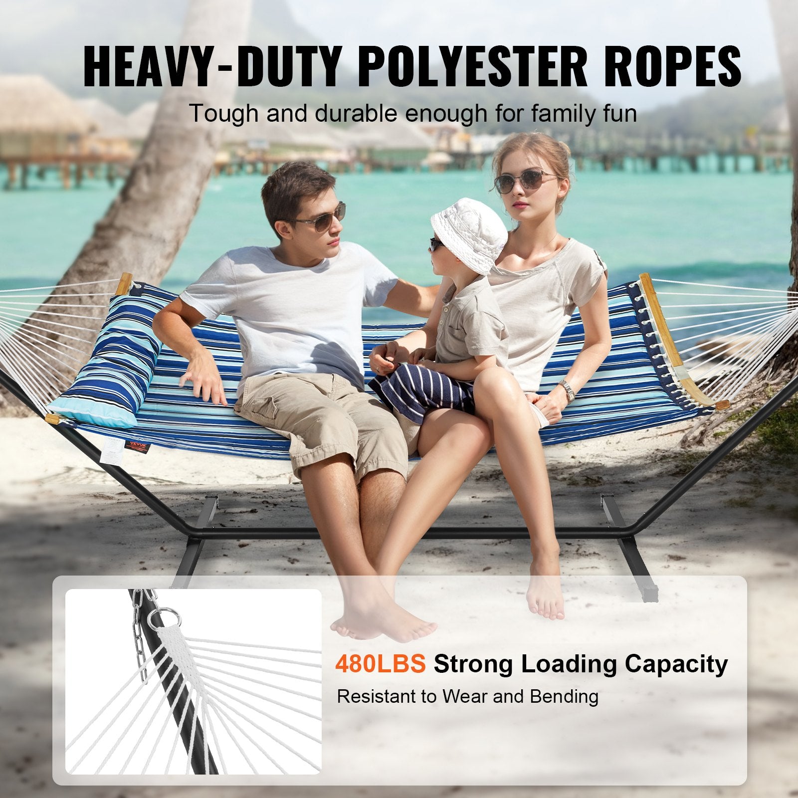 VEVOR Two Person Hammock with Stand Included, Double Hammock with Curved Spreader Bar and Detachable Pillow and Portable Carrying Bag, Perfect for Outdoor Freestanding Hammock, 480lb Capacity 3