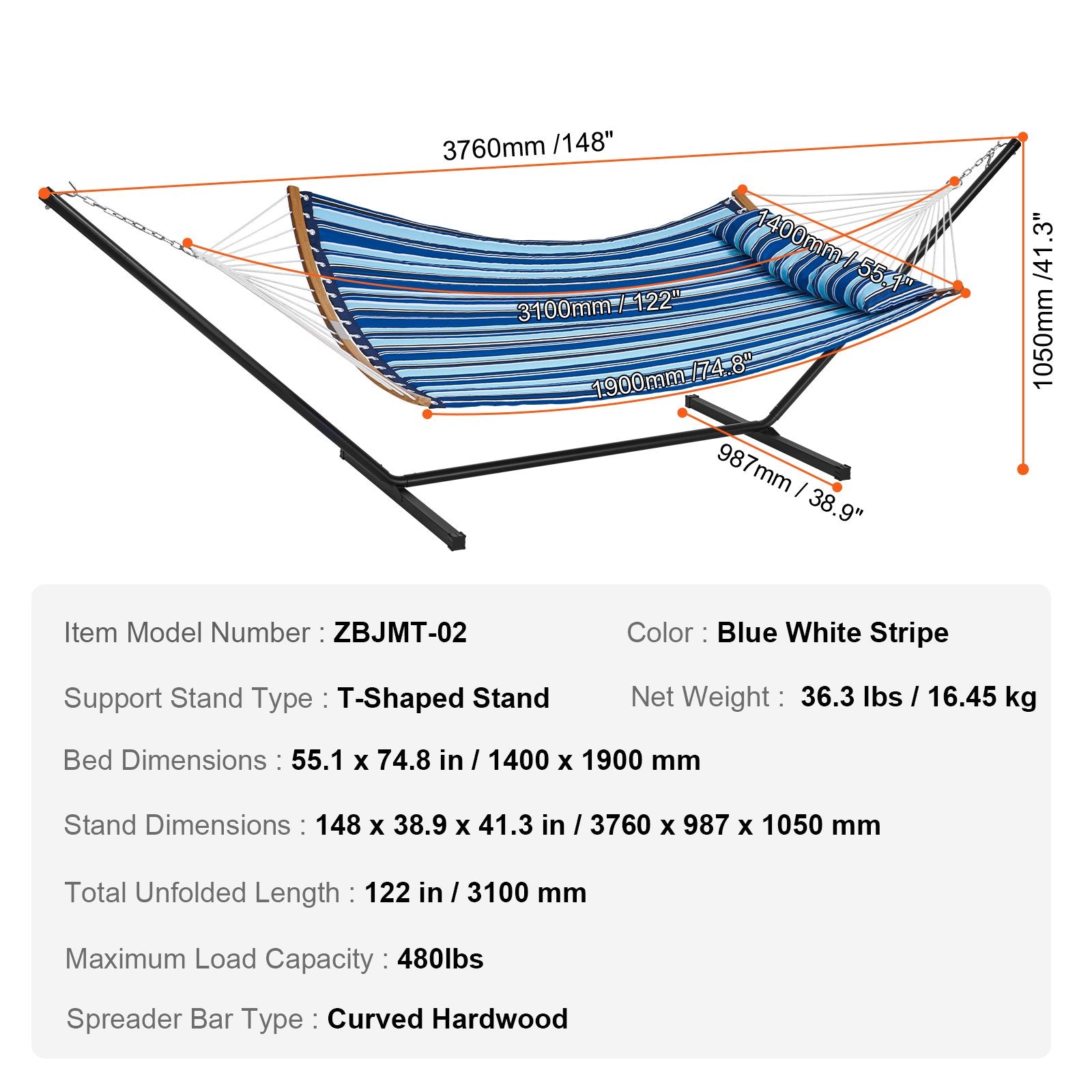 VEVOR Two Person Hammock with Stand Included, Double Hammock with Curved Spreader Bar and Detachable Pillow and Portable Carrying Bag, Perfect for Outdoor Freestanding Hammock, 480lb Capacity 7