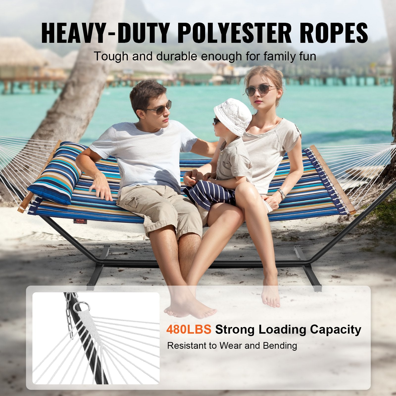 VEVOR Double Quilted Fabric Hammock Two Person Hammock with Stand 480lb Capacity 3