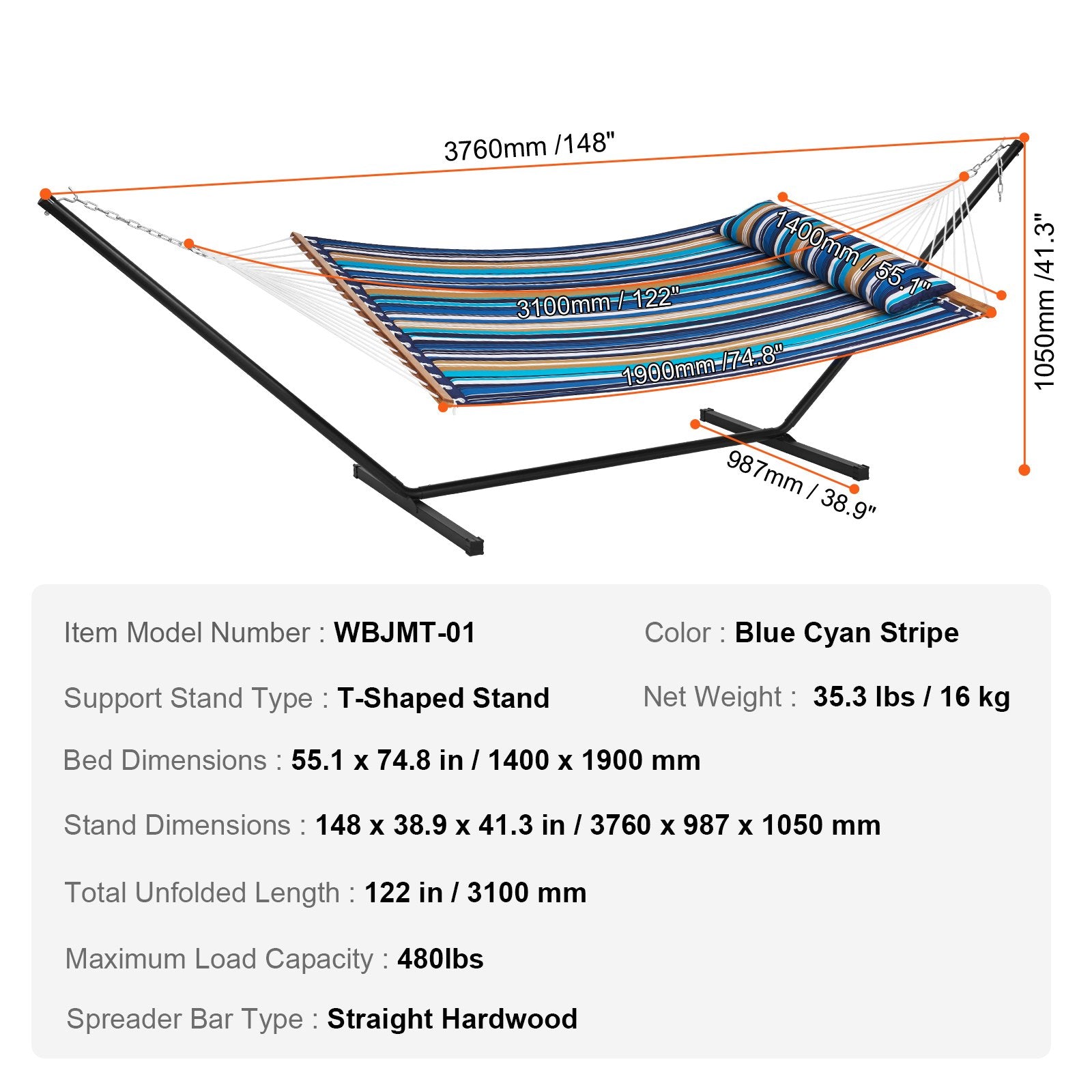 VEVOR Double Quilted Fabric Hammock Two Person Hammock with Stand 480lb Capacity 7