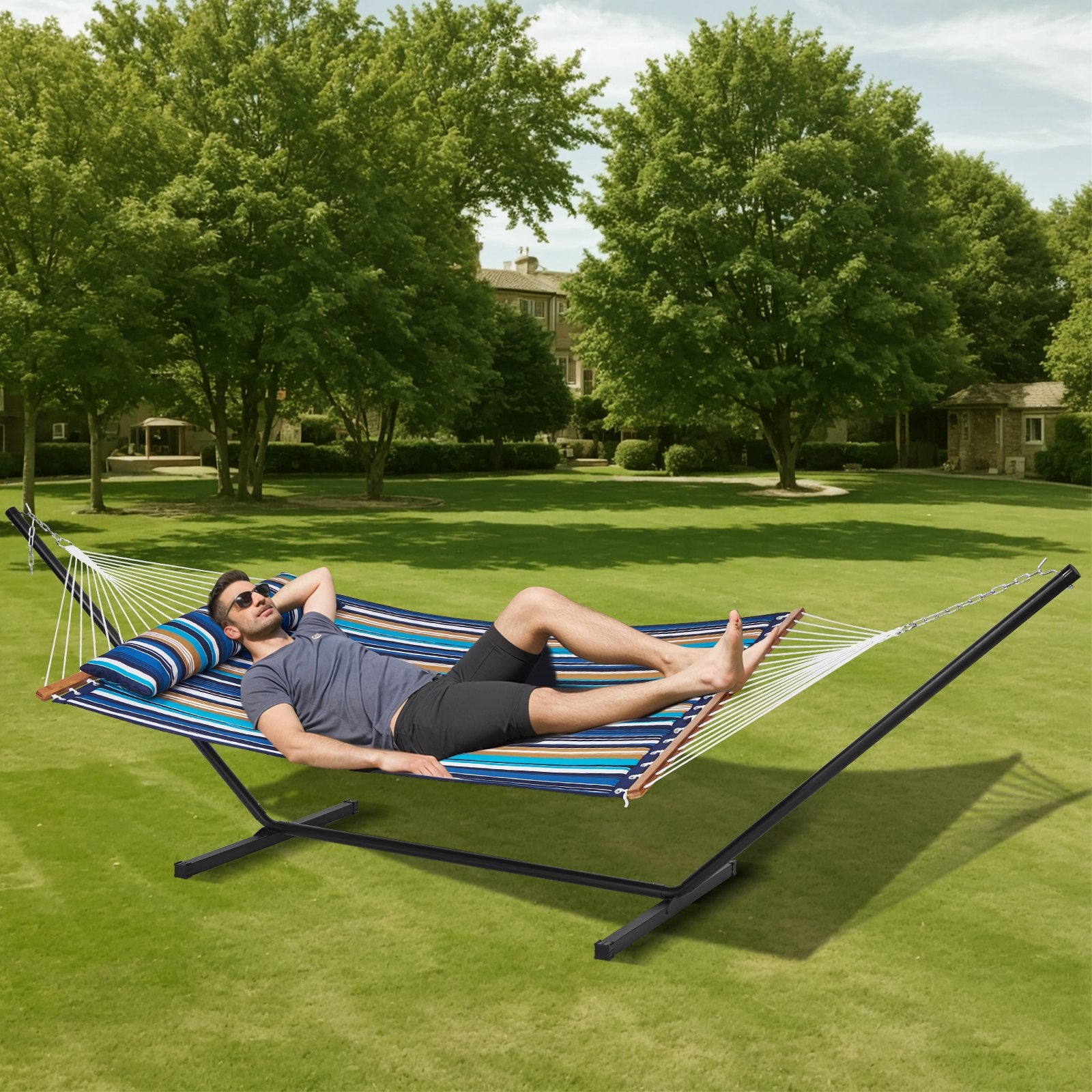 VEVOR Double Quilted Fabric Hammock Two Person Hammock with Stand 480lb Capacity 8