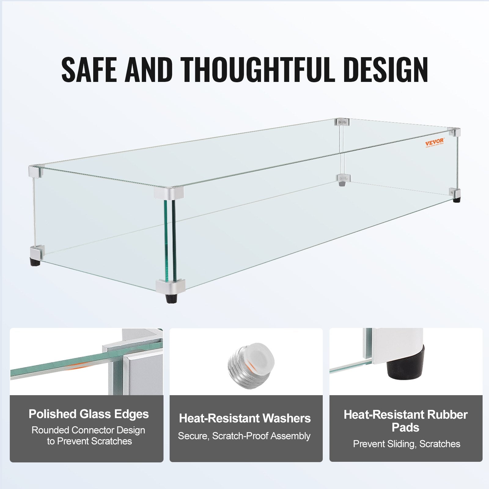 VEVOR Glass Wind Guard for Rectangular Fire Pit Table 773 x 367 x 191 mm, 8mm Thick and Sturdy Tempered Glass Panel with Hard Aluminum Corner Bracket & Rubber Feet, Easy to Assemble 5