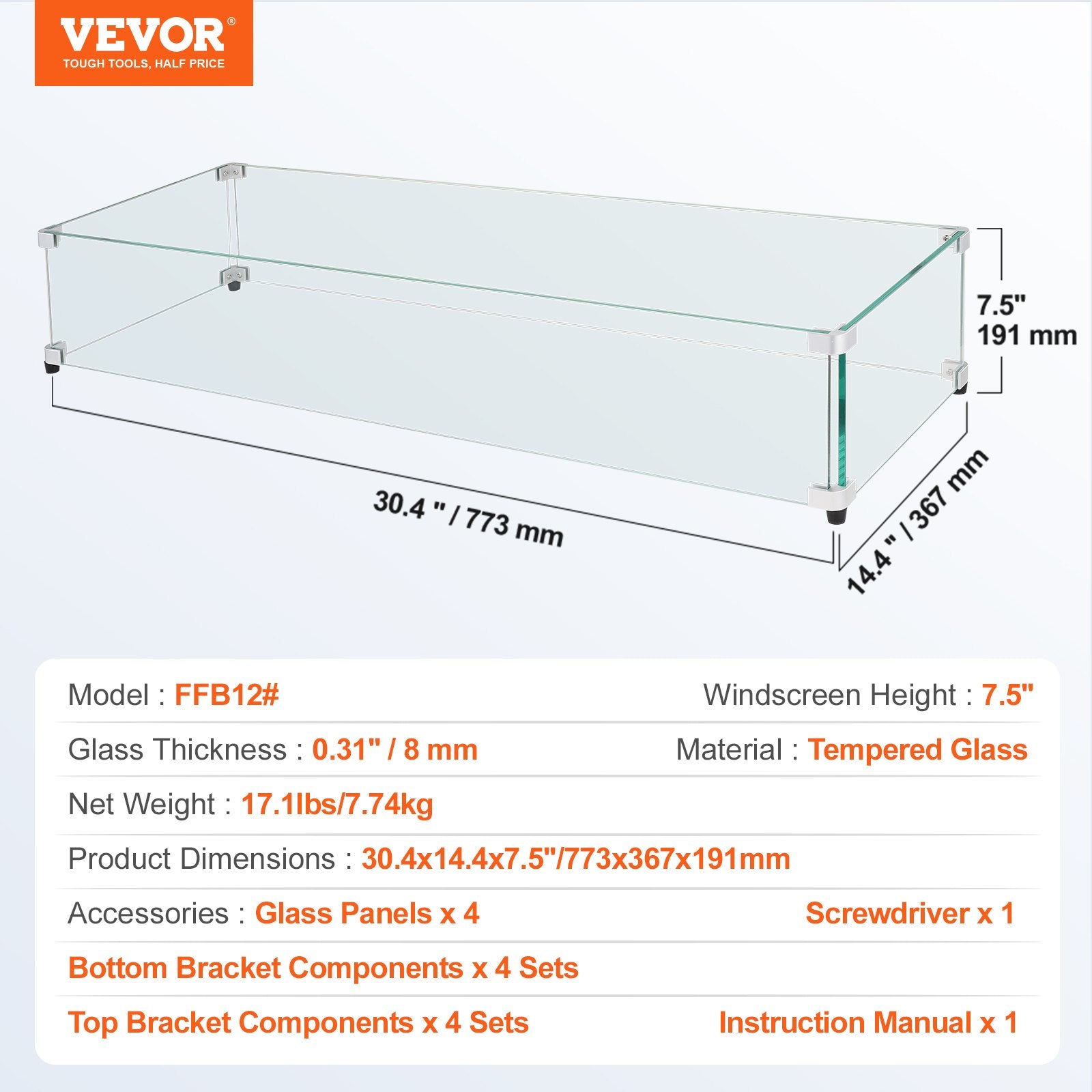 VEVOR Glass Wind Guard for Rectangular Fire Pit Table 773 x 367 x 191 mm, 8mm Thick and Sturdy Tempered Glass Panel with Hard Aluminum Corner Bracket & Rubber Feet, Easy to Assemble 7
