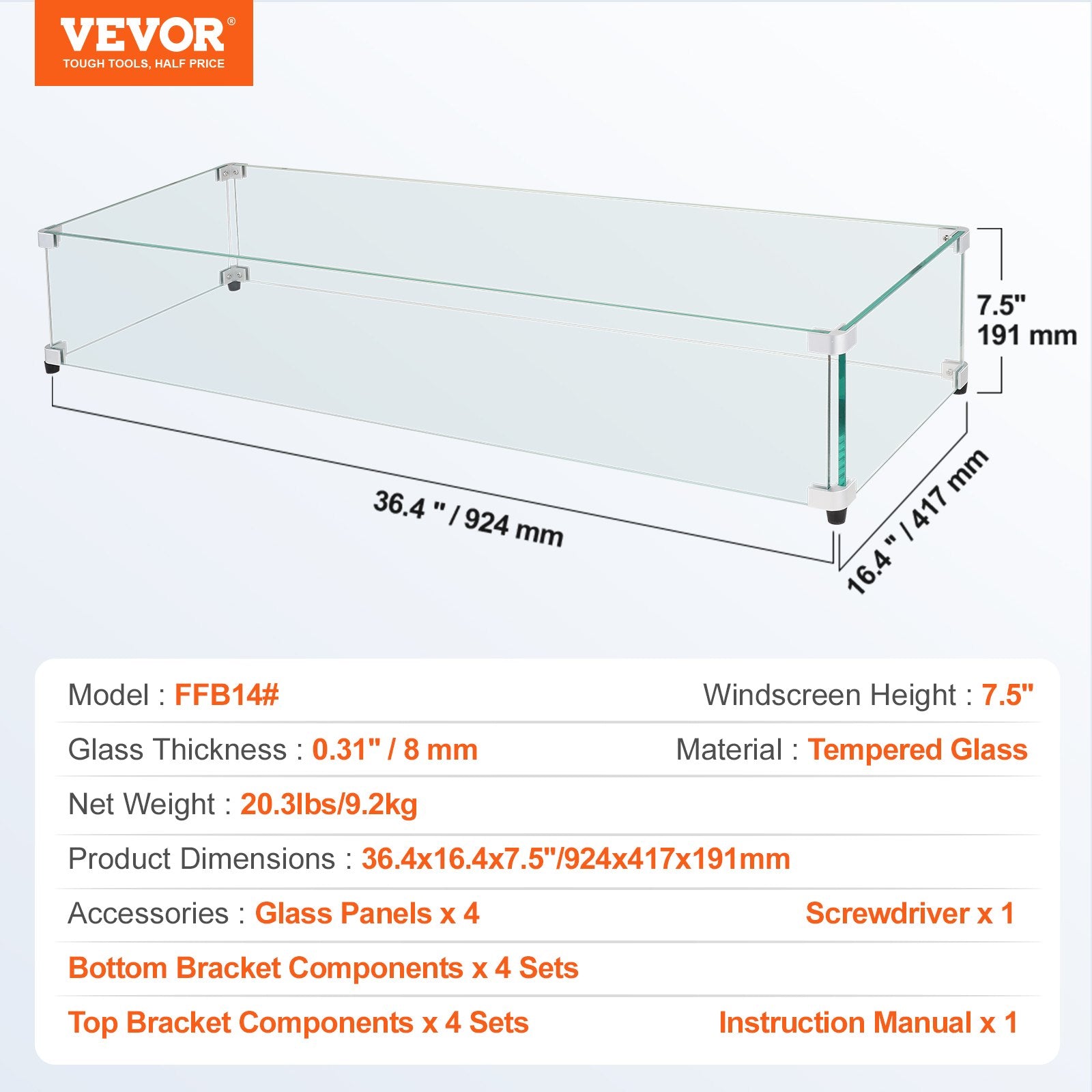 VEVOR Glass Wind Guard for Rectangular Fire Pit Table 924 x 417 x 191 mm, 8mm Thick and Sturdy Tempered Glass Panel with Hard Aluminum Corner Bracket & Rubber Feet, Easy to Assemble 7
