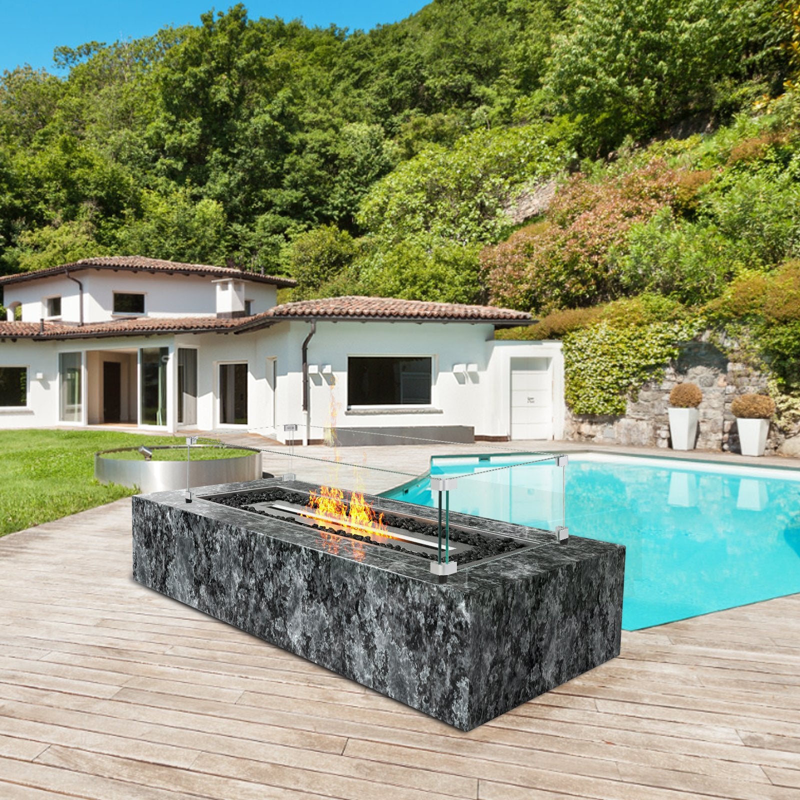 VEVOR Glass Wind Guard for Rectangular Fire Pit Table 924 x 417 x 191 mm, 8mm Thick and Sturdy Tempered Glass Panel with Hard Aluminum Corner Bracket & Rubber Feet, Easy to Assemble 8