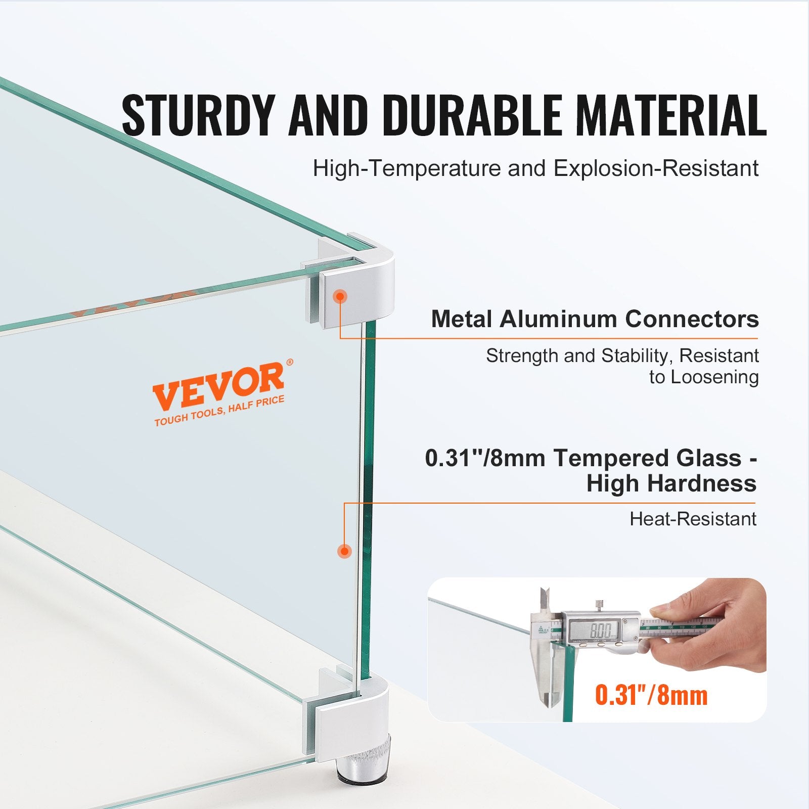 VEVOR Gas Fire Pit Wind Guard for Square Fire Table, 380 x 380 x 180 mm Clear Tempered Wind Guard for Firepits, 8mm Thick Square Glass Shield, Glass Panel with Hard Corner Bracket & Feet 3