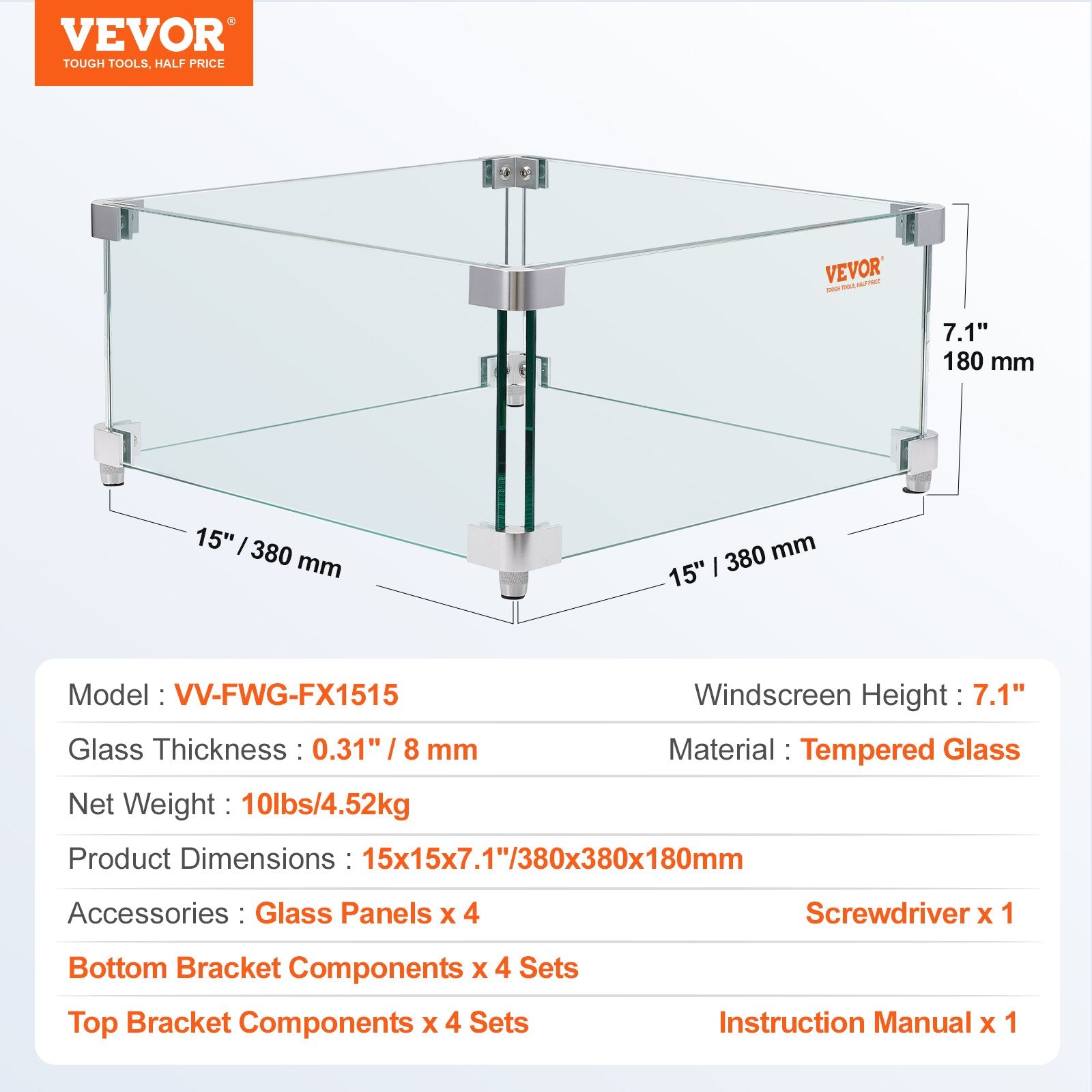 VEVOR Gas Fire Pit Wind Guard for Square Fire Table, 380 x 380 x 180 mm Clear Tempered Wind Guard for Firepits, 8mm Thick Square Glass Shield, Glass Panel with Hard Corner Bracket & Feet 7