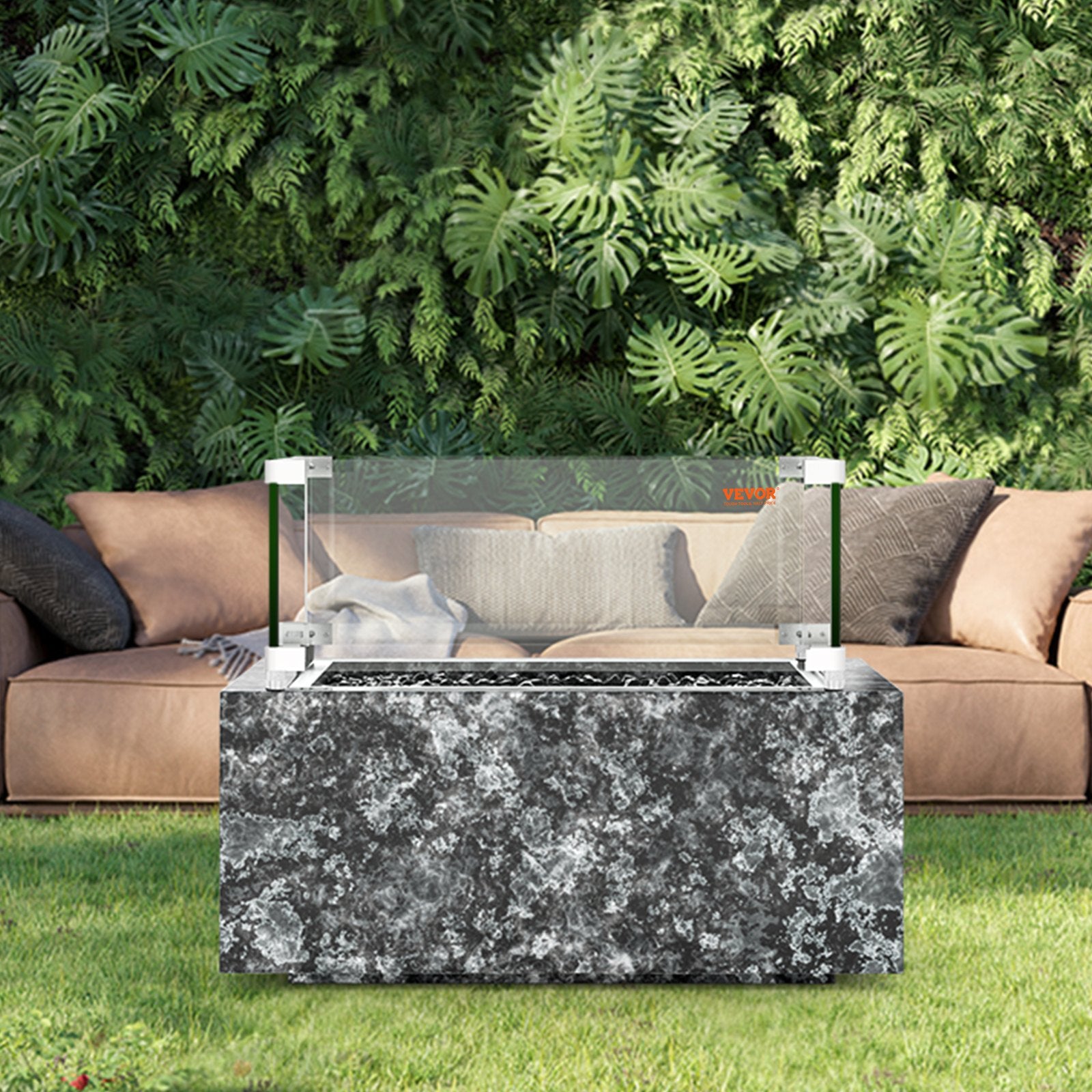 VEVOR Gas Fire Pit Wind Guard for Square Fire Table, 380 x 380 x 180 mm Clear Tempered Wind Guard for Firepits, 8mm Thick Square Glass Shield, Glass Panel with Hard Corner Bracket & Feet 8